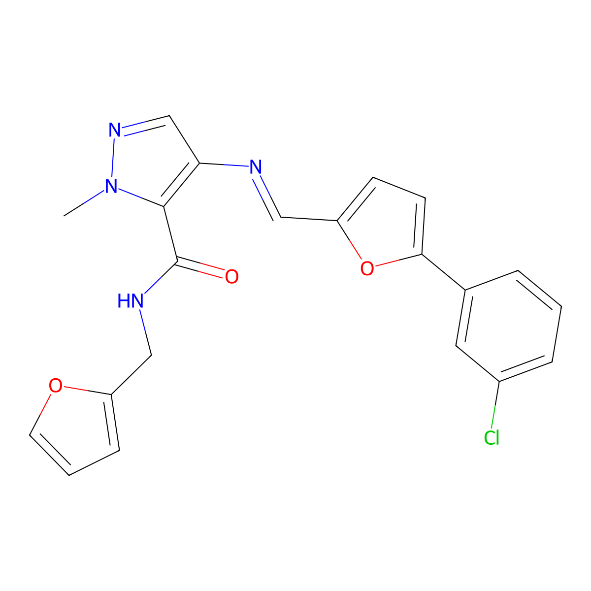 4-({(E)-[5-(3-chlorophenyl)furan-2-yl]methylidene}amino)-N-(furan-2-ylmethyl)-1-methyl-1H-pyrazole-5-carboxamide molecular structure, CAS 1005605-84-4