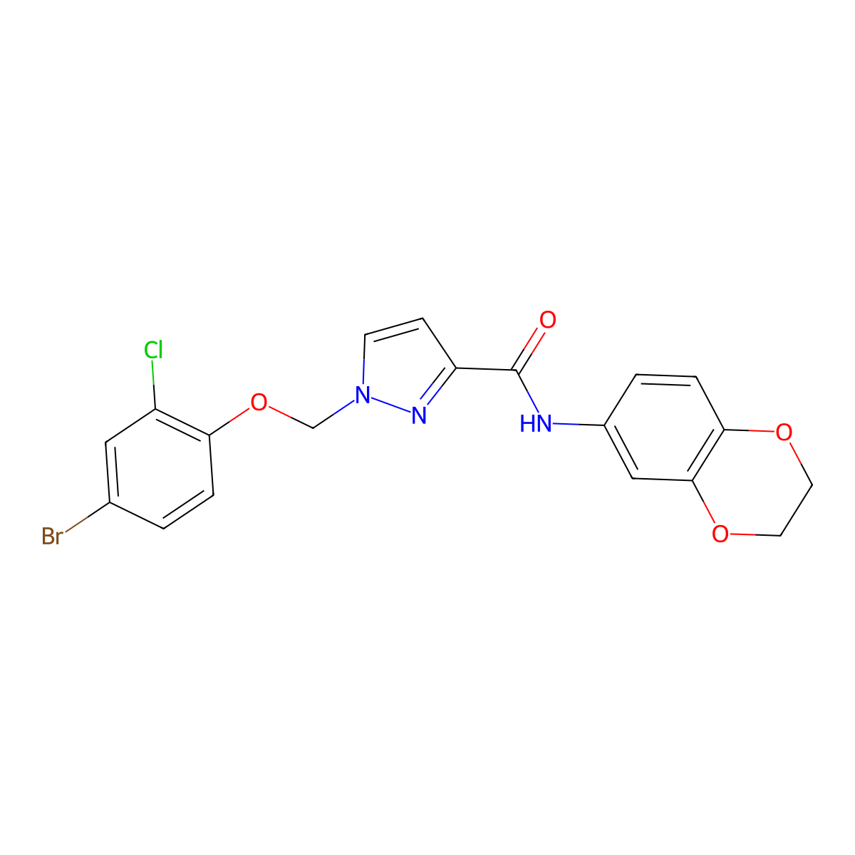 1-[(4-bromo-2-chlorophenoxy)methyl]-N-(2,3-dihydro-1,4-benzodioxin-6-yl)-1H-pyrazole-3-carboxamide molecular structure, CAS 1005606-23-4