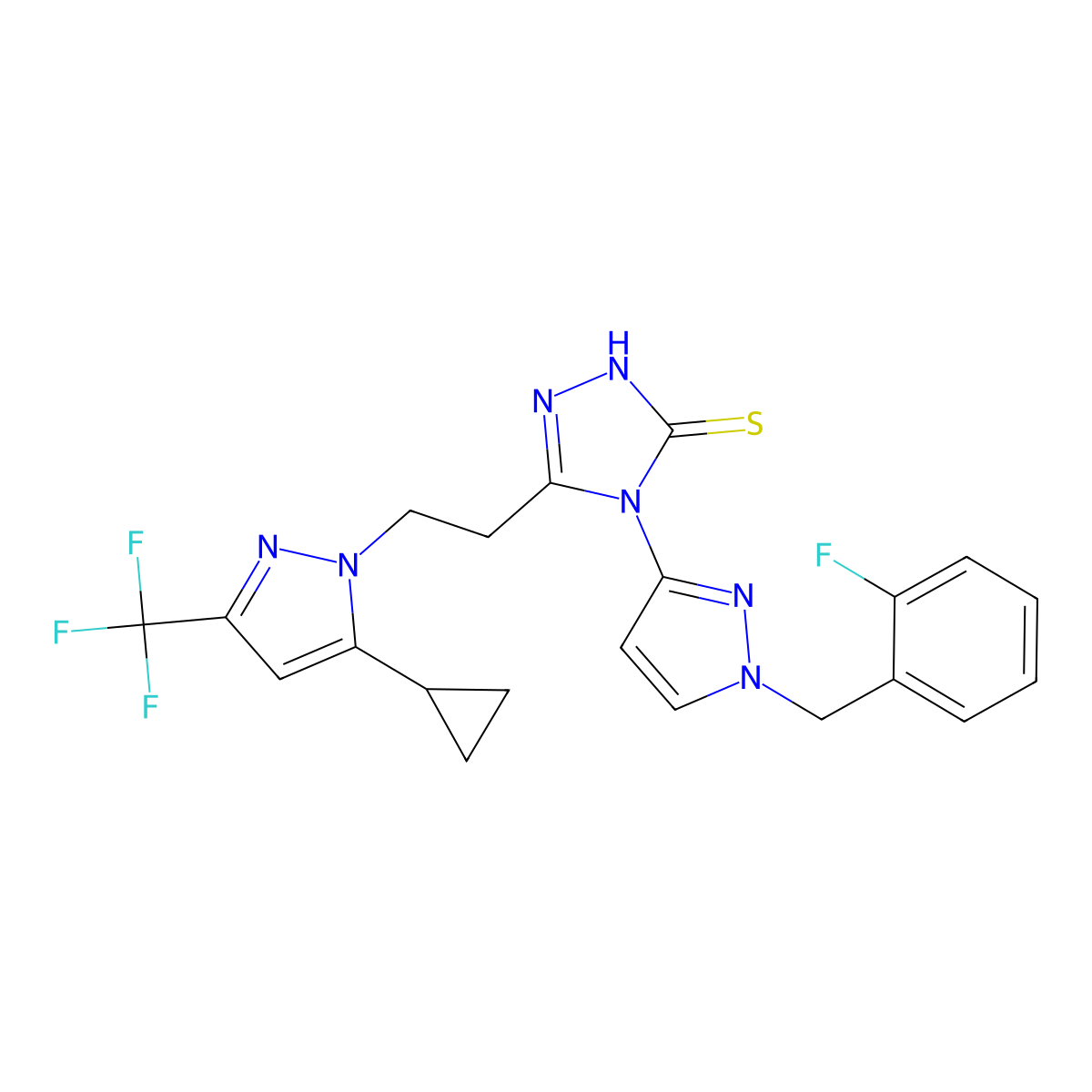 3-[2-[5-cyclopropyl-3-(trifluoromethyl)pyrazol-1-yl]ethyl]-4-[1-[(2-fluorophenyl)methyl]pyrazol-3-yl]-1H-1,2,4-triazole-5-thione molecular structure, CAS 1005606-56-3