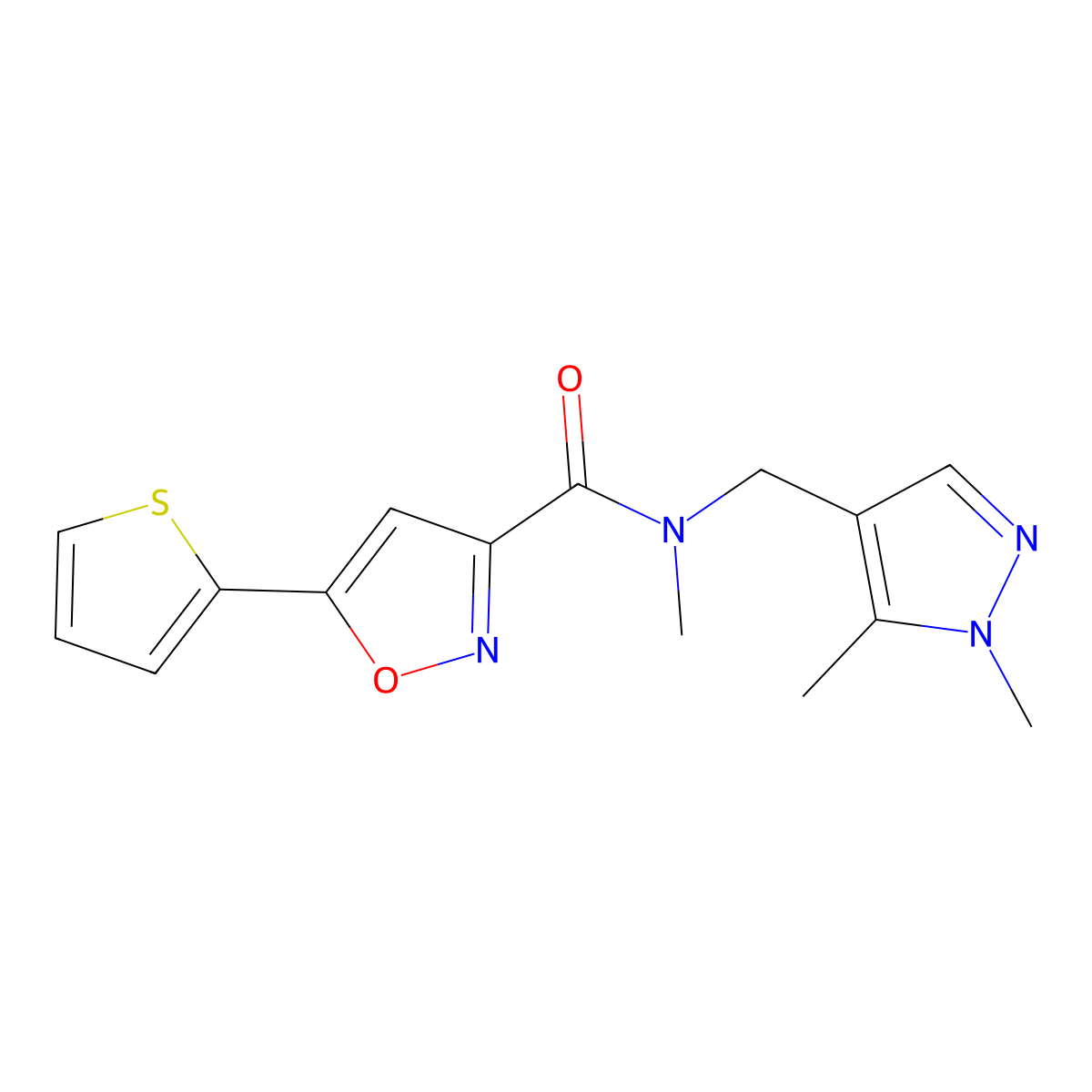 N-[(1,5-dimethylpyrazol-4-yl)methyl]-N-methyl-5-thiophen-2-yl-1,2-oxazole-3-carboxamide molecular structure, CAS 1005606-86-9