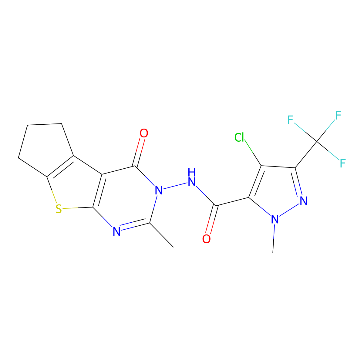 4-chloro-2-methyl-N-(3-methyl-1-oxo-7,8-dihydro-6H-cyclopenta[2,3]thieno[2,4-d]pyrimidin-2-yl)-5-(trifluoromethyl)pyrazole-3-carboxamide molecular structure, CAS 1005606-94-9