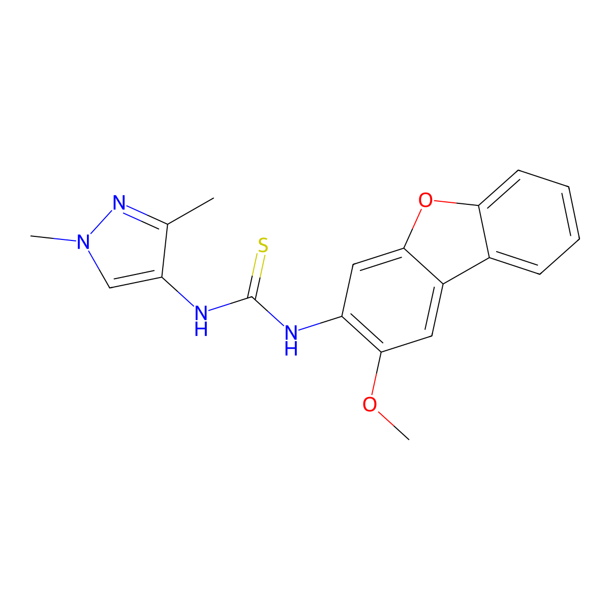 1-(1,3-Dimethylpyrazol-4-yl)-3-(2-methoxydibenzofuran-3-yl)thiourea molecular structure, CAS 1005606-96-1
