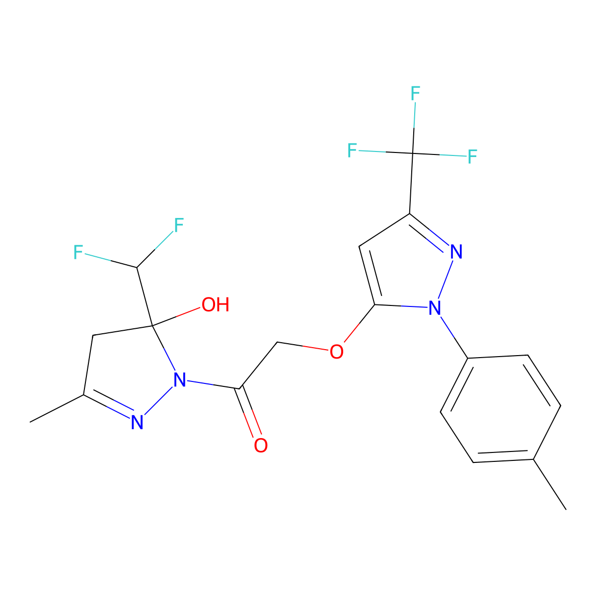1-[5-(difluoromethyl)-5-hydroxy-3-methyl-4,5-dihydro-1H-pyrazol-1-yl]-2-{[1-(4-methylphenyl)-3-(trifluoromethyl)-1H-pyrazol-5-yl]oxy}ethanone molecular structure, CAS 1005606-97-2