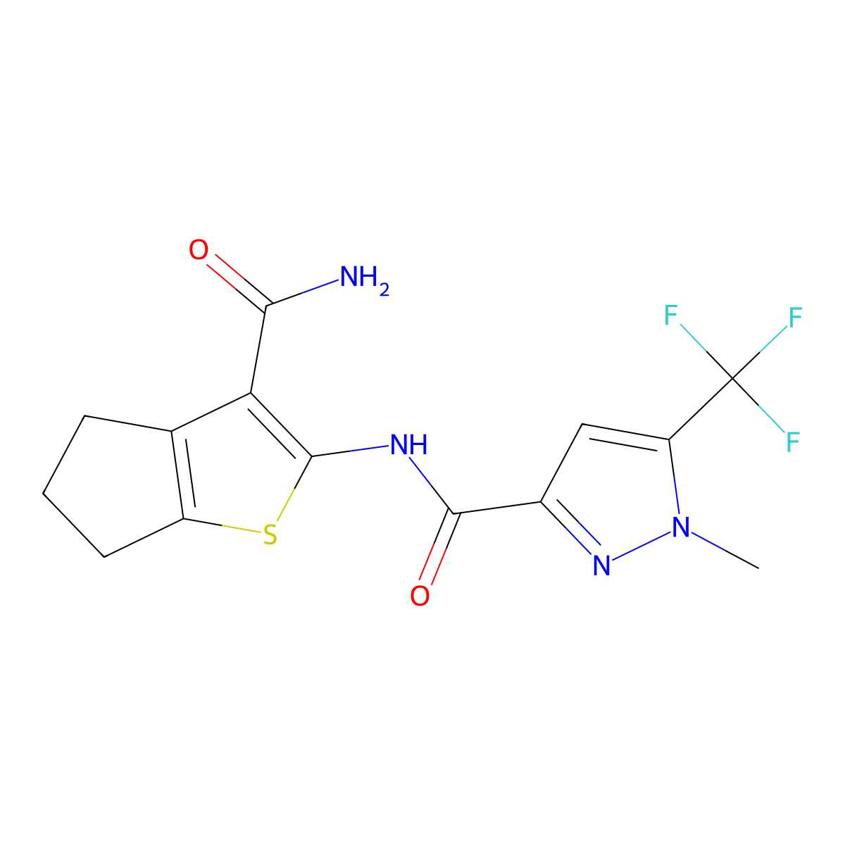 N-(3-carbamoyl-5,6-dihydro-4H-cyclopenta[b]thiophen-2-yl)-1-methyl-5-(trifluoromethyl)pyrazole-3-carboxamide molecular structure, CAS 1005607-38-4