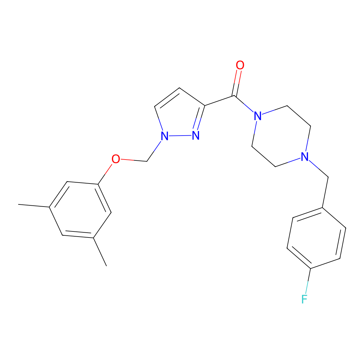 {1-[(3,5-dimethylphenoxy)methyl]-1H-pyrazol-3-yl}[4-(4-fluorobenzyl)piperazin-1-yl]methanone molecular structure, CAS 1005607-40-8