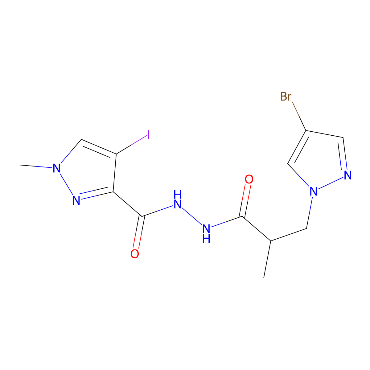 N'-[3-(4-bromopyrazol-1-yl)-2-methylpropanoyl]-4-iodo-1-methylpyrazole-3-carbohydrazide molecular structure, CAS 1005607-46-4