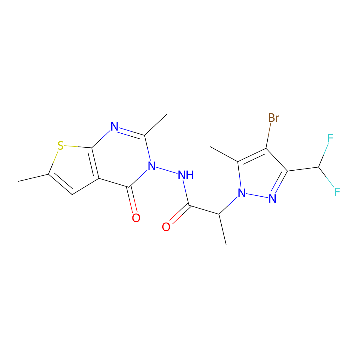 2-[4-bromo-3-(difluoromethyl)-5-methyl-1H-pyrazol-1-yl]-N-(2,6-dimethyl-4-oxothieno[2,3-d]pyrimidin-3(4H)-yl)propanamide molecular structure, CAS 1005607-85-1