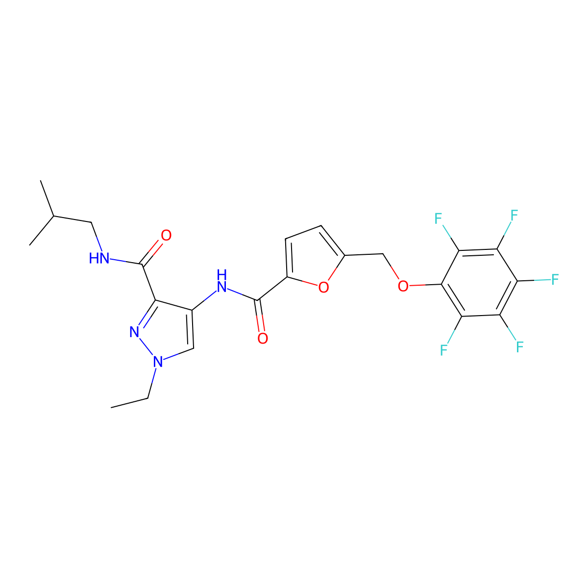 1-ethyl-N-(2-methylpropyl)-4-[({5-[(pentafluorophenoxy)methyl]furan-2-yl}carbonyl)amino]-1H-pyrazole-3-carboxamide molecular structure, CAS 1005607-95-3