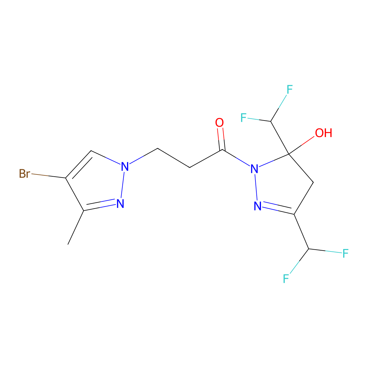 1-[3,5-bis(difluoromethyl)-5-hydroxy-4,5-dihydro-1H-pyrazol-1-yl]-3-(4-bromo-3-methyl-1H-pyrazol-1-yl)propan-1-one molecular structure, CAS 1005607-99-7