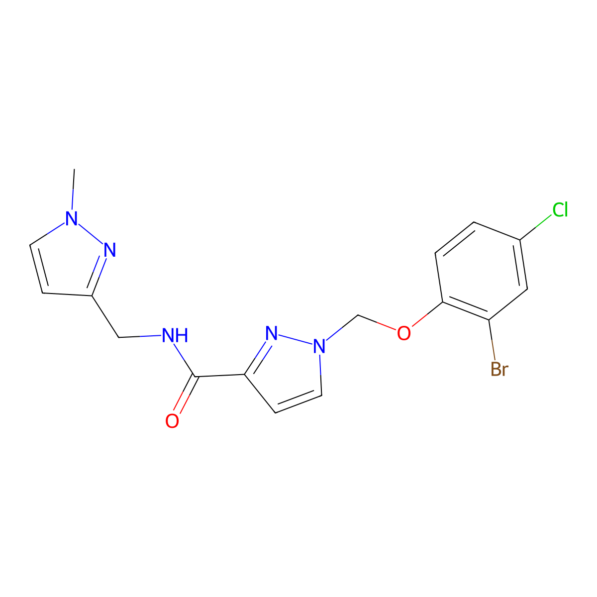 1-[(2-bromo-4-chlorophenoxy)methyl]-N-[(1-methylpyrazol-3-yl)methyl]pyrazole-3-carboxamide molecular structure, CAS 1005608-10-5