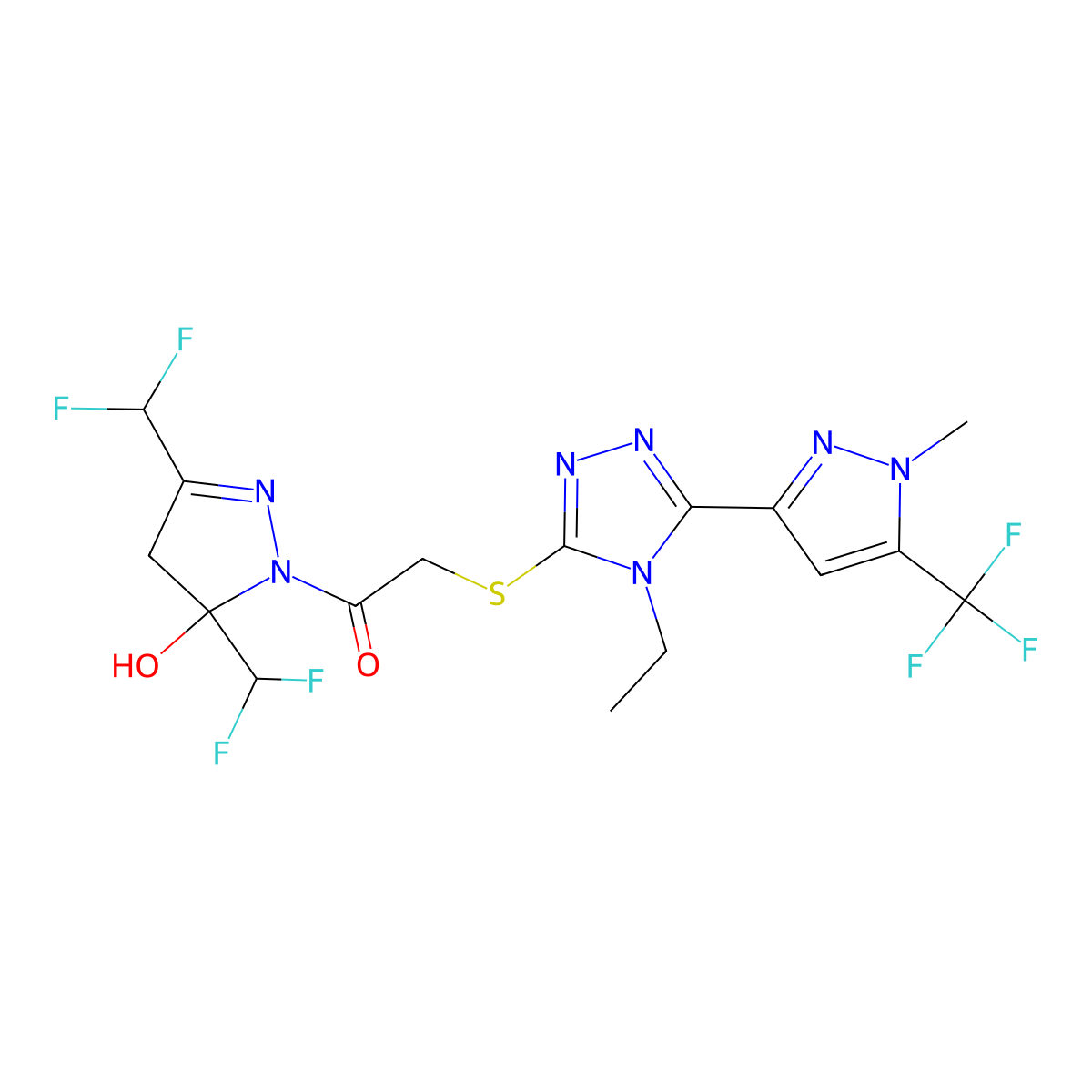 1-[3,5-bis(difluoromethyl)-5-hydroxy-4H-pyrazol-1-yl]-2-[[4-ethyl-5-[1-methyl-5-(trifluoromethyl)pyrazol-3-yl]-1,2,4-triazol-3-yl]sulfanyl]ethanone molecular structure, CAS 1005608-27-4