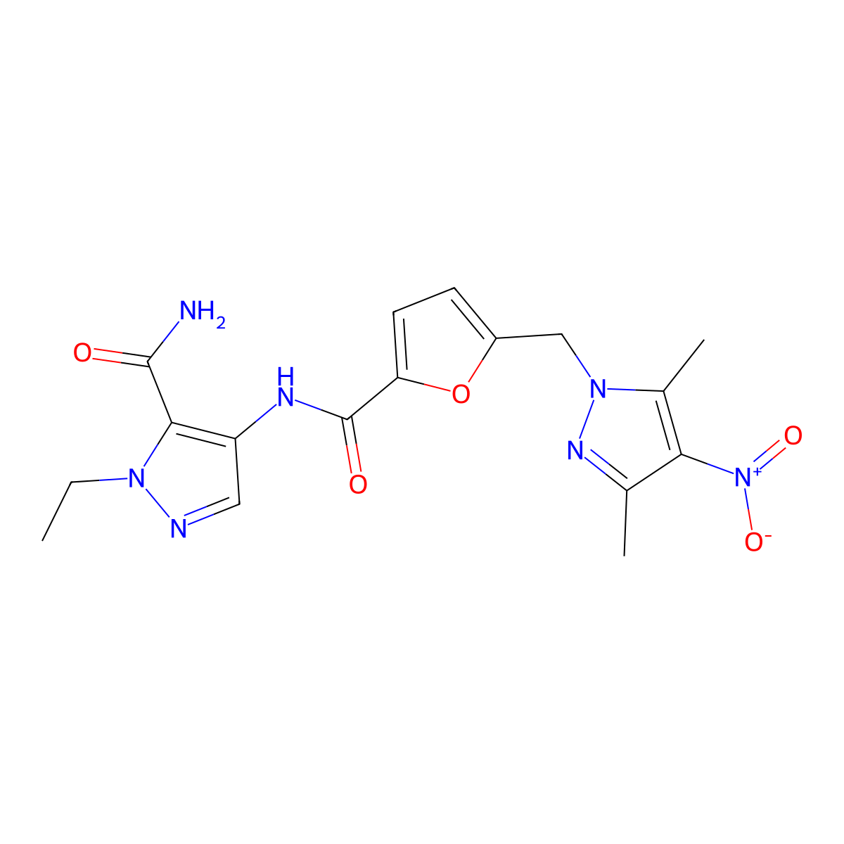 4-[({5-[(3,5-dimethyl-4-nitro-1H-pyrazol-1-yl)methyl]furan-2-yl}carbonyl)amino]-1-ethyl-1H-pyrazole-5-carboxamide molecular structure, CAS 1005608-69-4