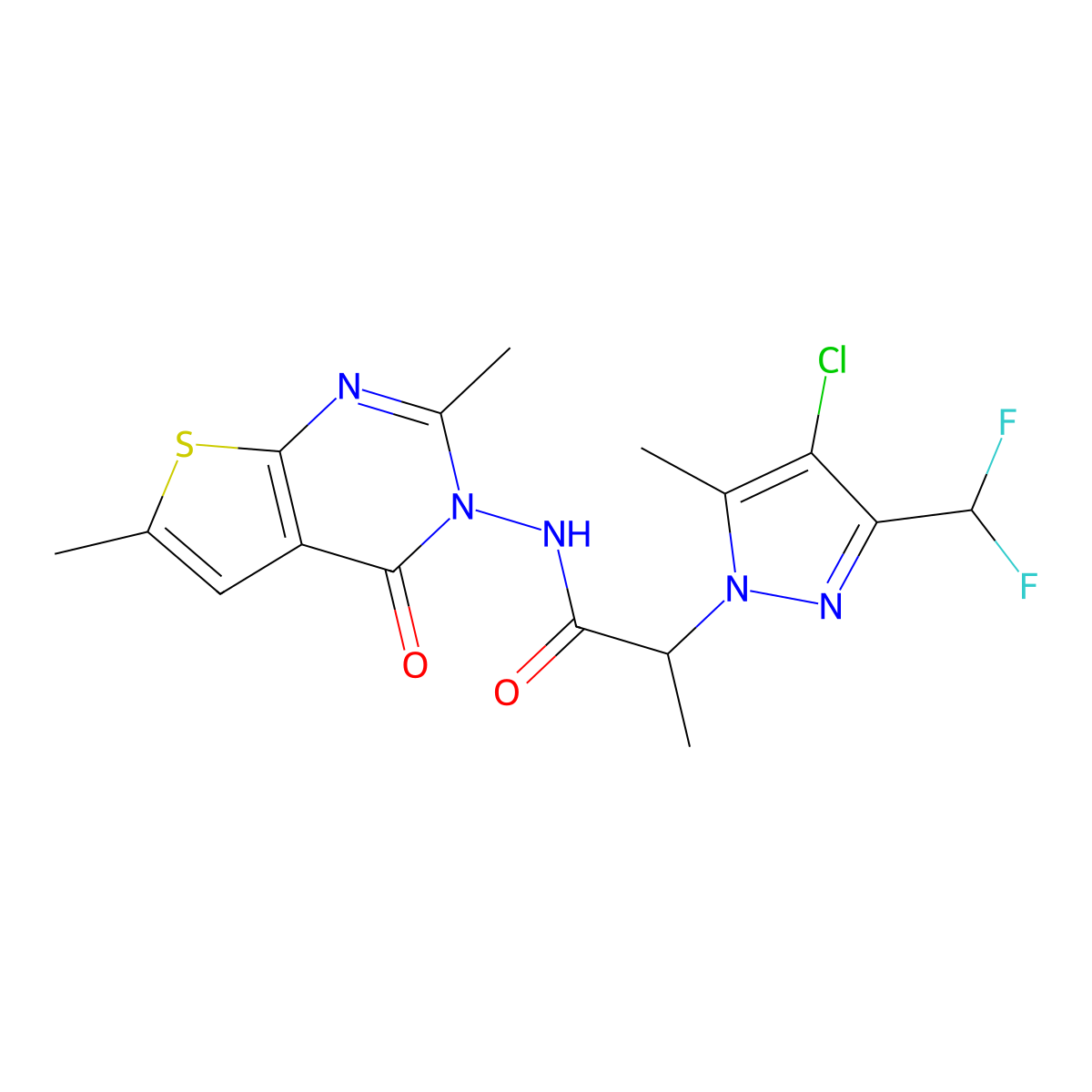 2-[4-chloro-3-(difluoromethyl)-5-methylpyrazol-1-yl]-N-(2,6-dimethyl-4-oxothieno[2,3-d]pyrimidin-3-yl)propanamide molecular structure, CAS 1005608-98-9