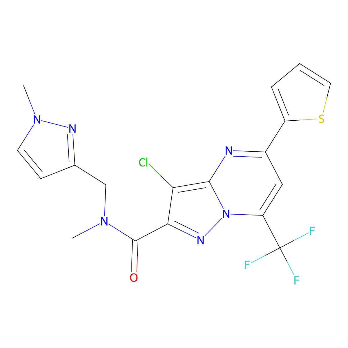 3-chloro-N-methyl-N-[(1-methyl-1H-pyrazol-3-yl)methyl]-5-(thiophen-2-yl)-7-(trifluoromethyl)pyrazolo[1,5-a]pyrimidine-2-carboxamide molecular structure, CAS 1005609-03-9