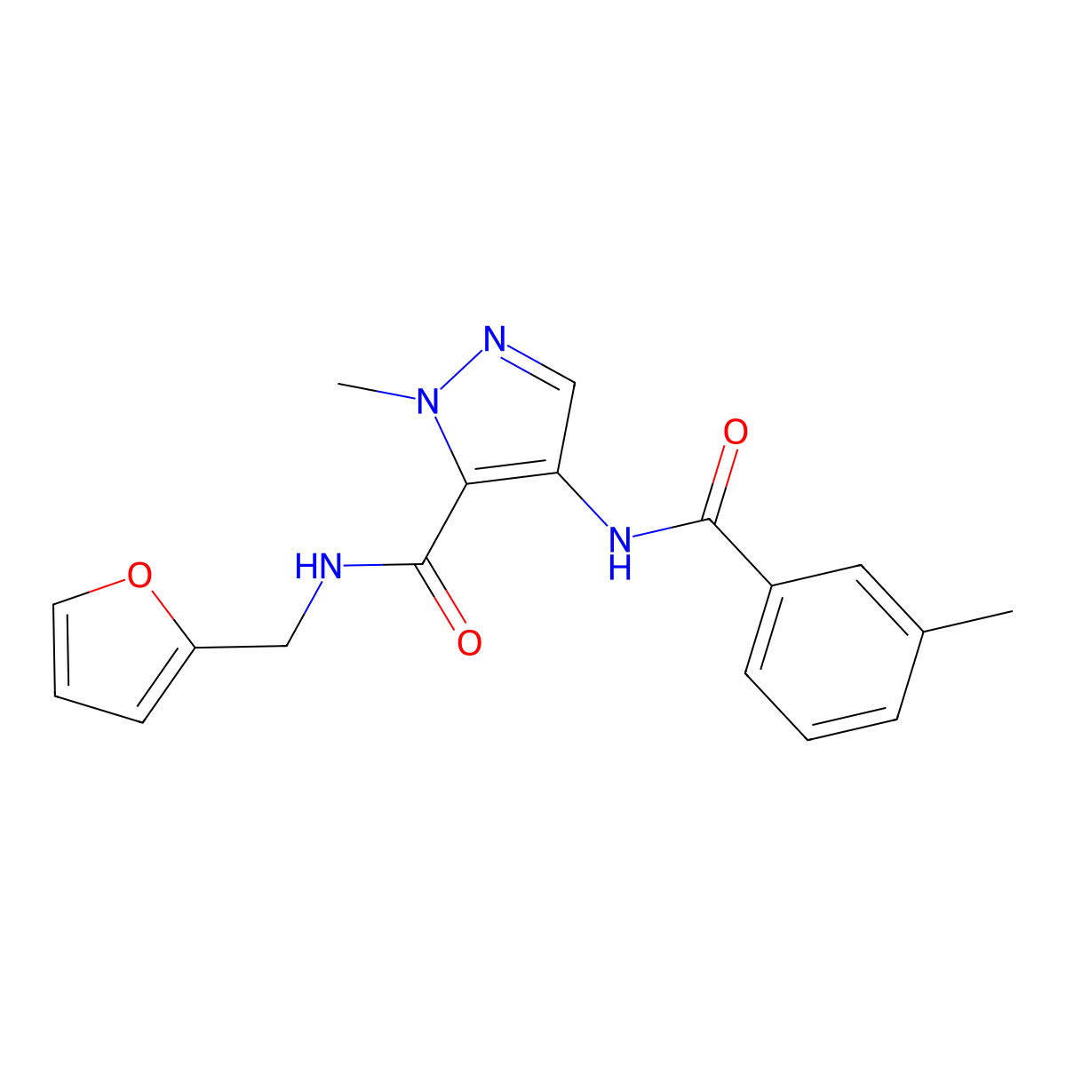 N-(furan-2-ylmethyl)-2-methyl-4-[(3-methylbenzoyl)amino]pyrazole-3-carboxamide molecular structure, CAS 1005609-55-1