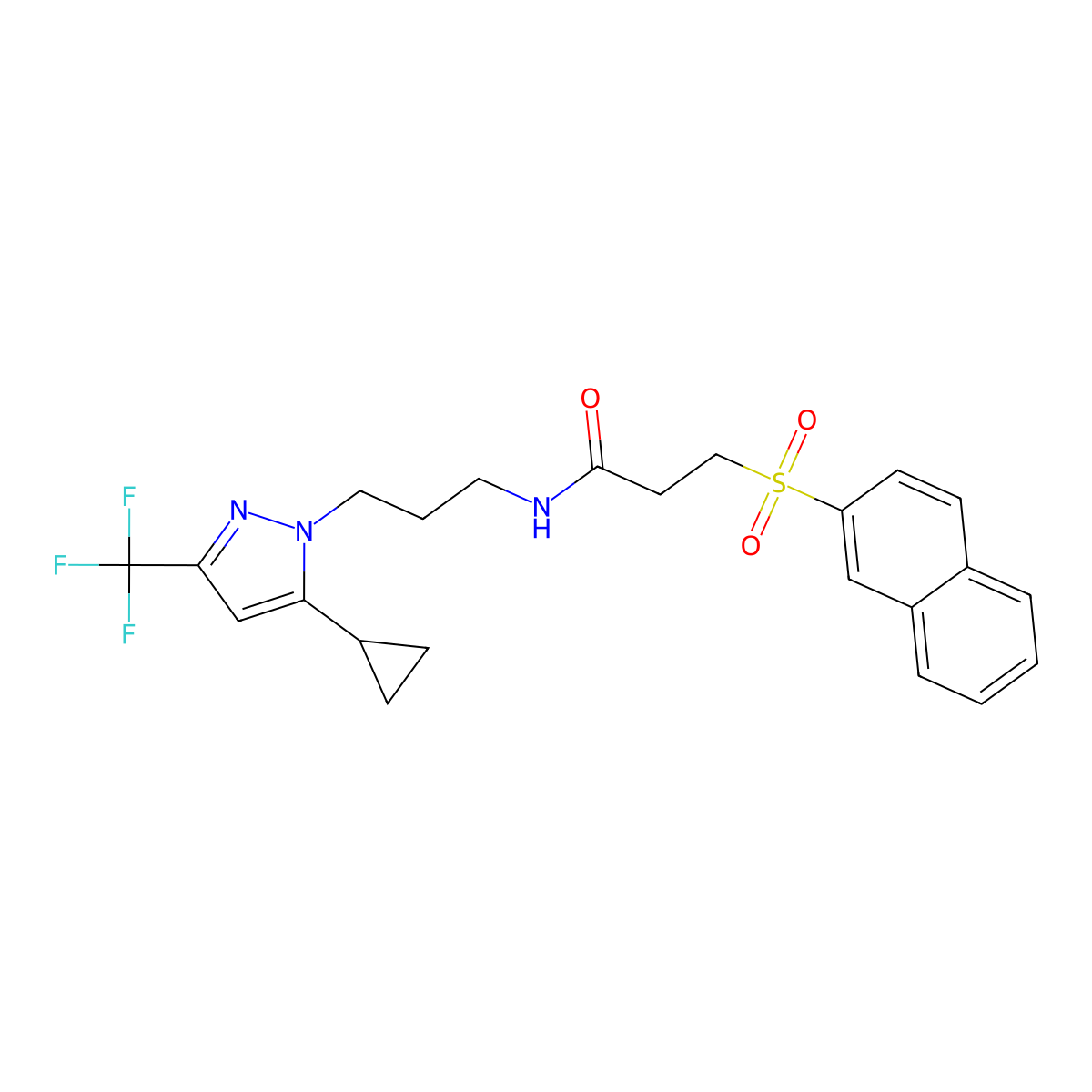 N-{3-[5-cyclopropyl-3-(trifluoromethyl)-1H-pyrazol-1-yl]propyl}-3-(naphthalen-2-ylsulfonyl)propanamide molecular structure, CAS 1005609-86-8