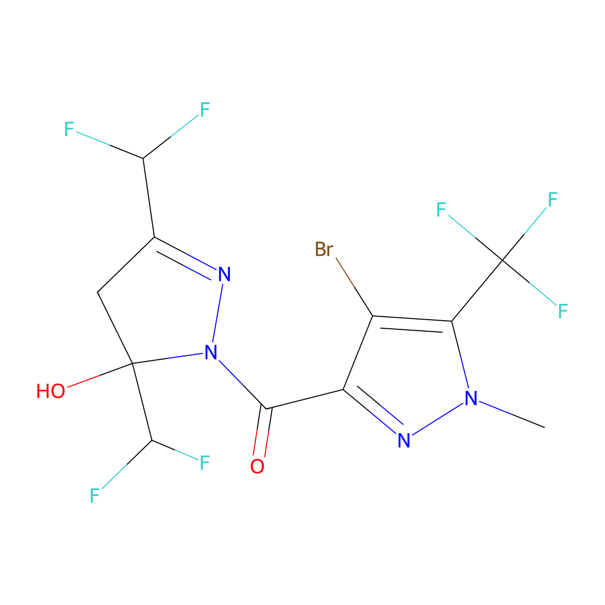 [3,5-bis(difluoromethyl)-5-hydroxy-4,5-dihydro-1H-pyrazol-1-yl][4-bromo-1-methyl-5-(trifluoromethyl)-1H-pyrazol-3-yl]methanone molecular structure, CAS 1005609-94-8