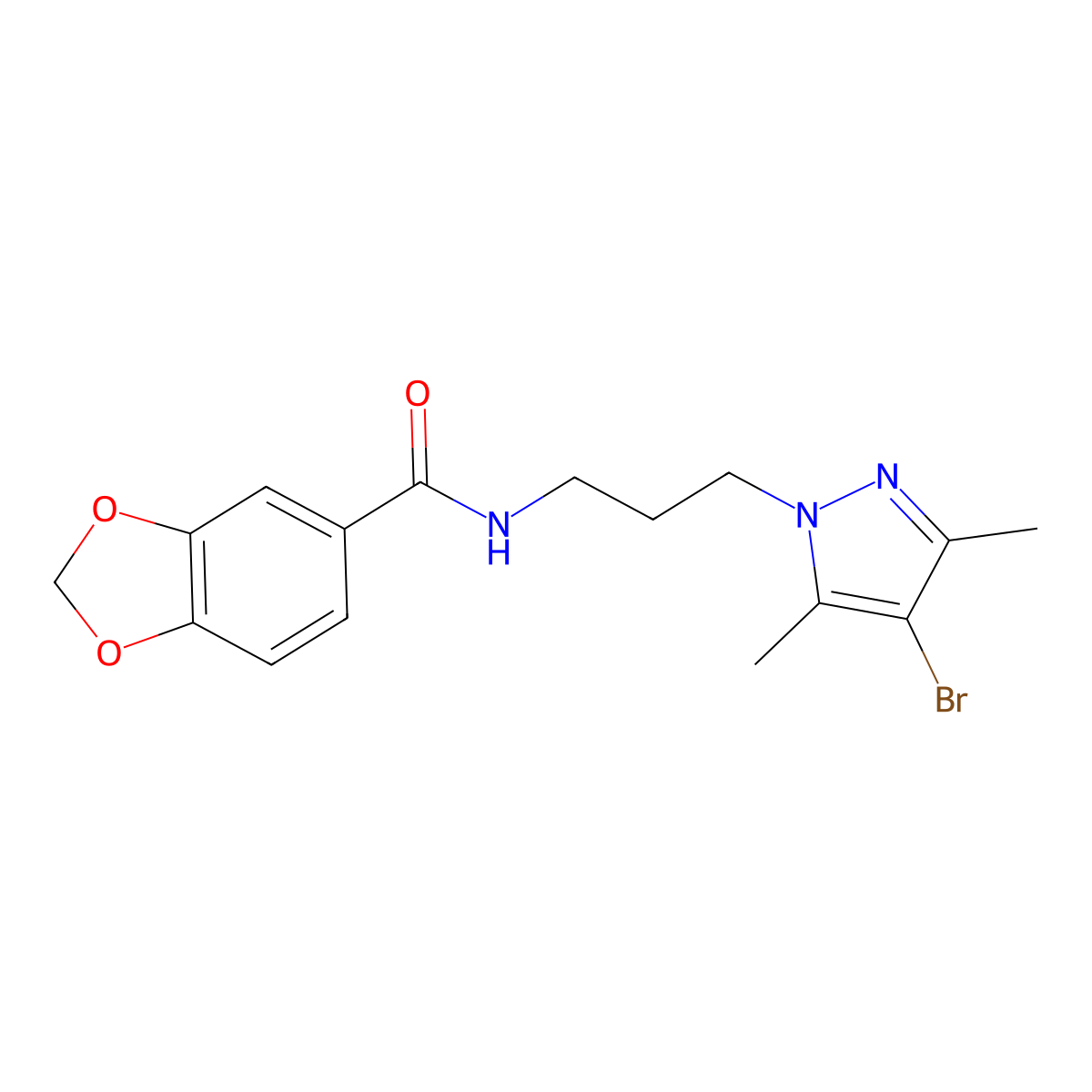 N-[3-(4-bromo-3,5-dimethylpyrazol-1-yl)propyl]-1,3-benzodioxole-5-carboxamide molecular structure, CAS 1005609-97-1