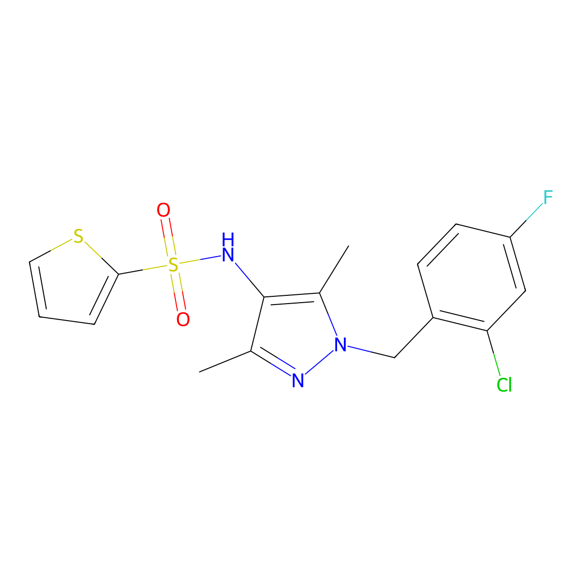 N-[1-[(2-chloro-4-fluorophenyl)methyl]-3,5-dimethylpyrazol-4-yl]thiophene-2-sulfonamide molecular structure, CAS 1005610-17-2