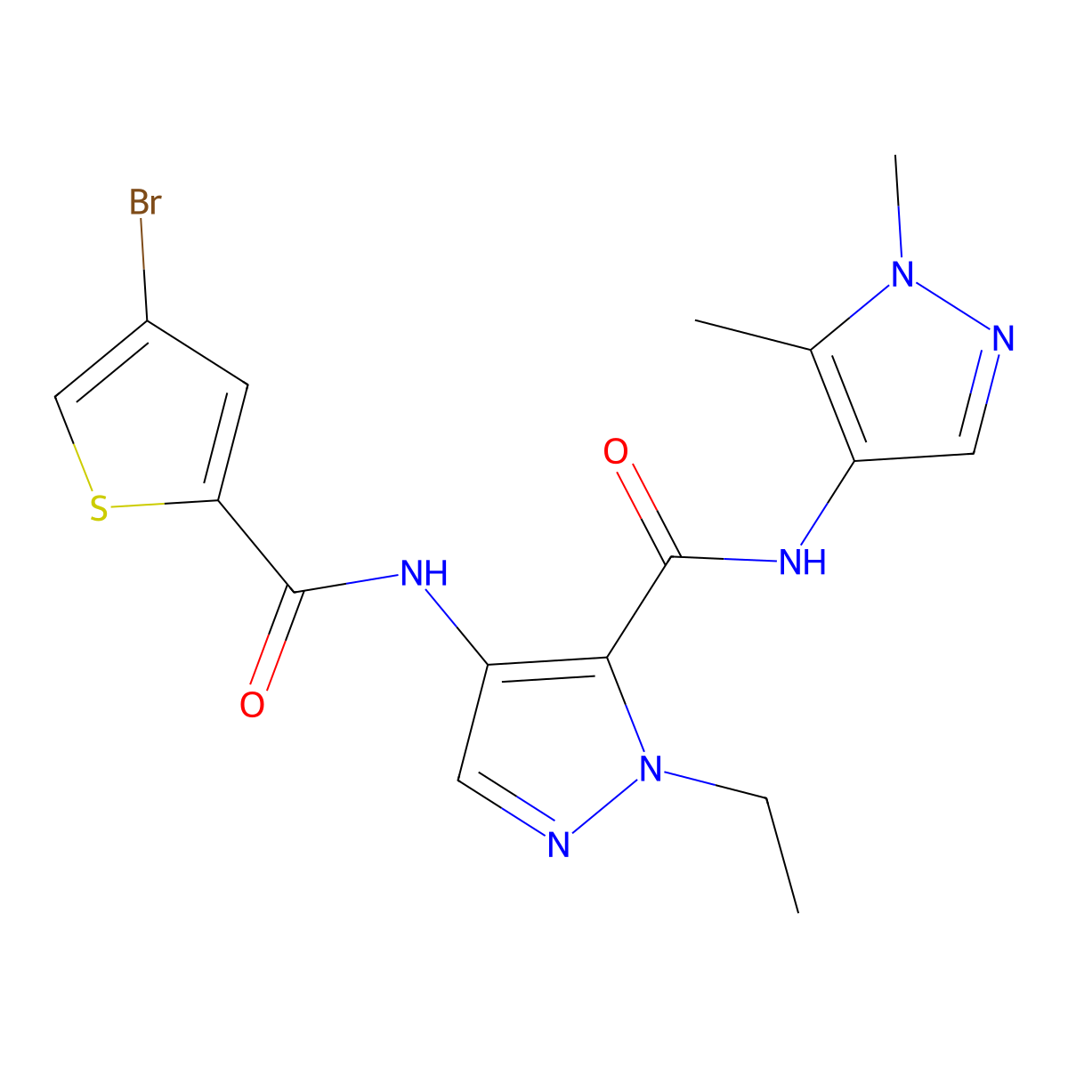 4-{[(4-bromothiophen-2-yl)carbonyl]amino}-N-(1,5-dimethyl-1H-pyrazol-4-yl)-1-ethyl-1H-pyrazole-5-carboxamide molecular structure, CAS 1005610-47-8
