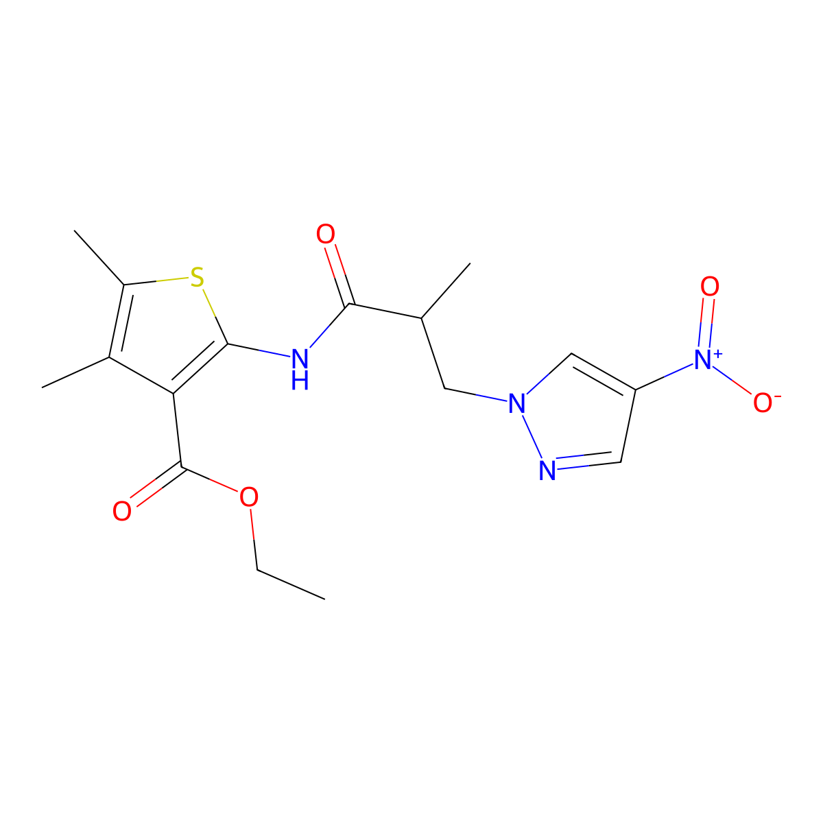 ethyl 4,5-dimethyl-2-{[2-methyl-3-(4-nitro-1H-pyrazol-1-yl)propanoyl]amino}thiophene-3-carboxylate molecular structure, CAS 1005611-06-2