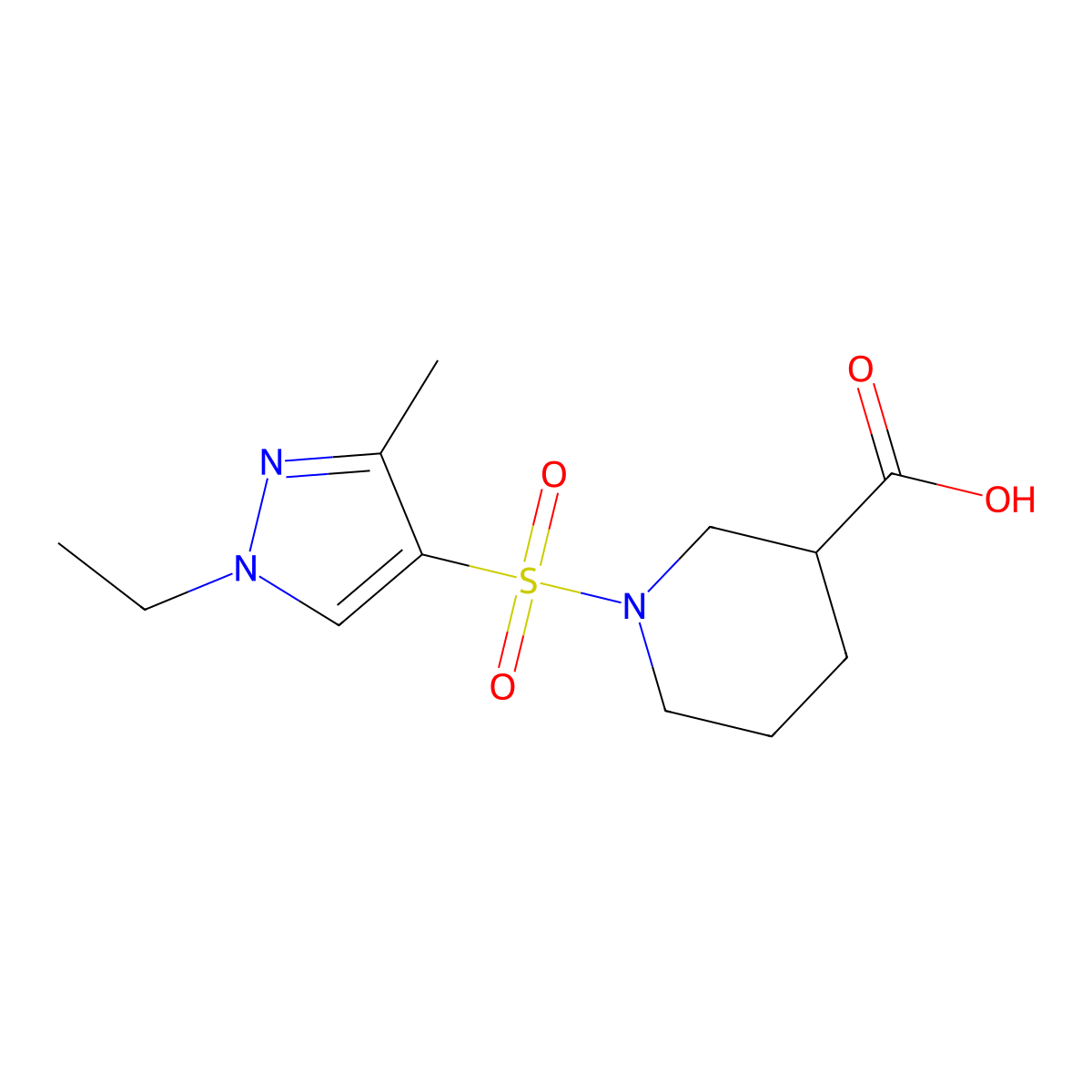 1-[(1-ethyl-3-methyl-1H-pyrazol-4-yl)sulfonyl]piperidine-3-carboxylic acid molecular structure, CAS 1005611-34-6