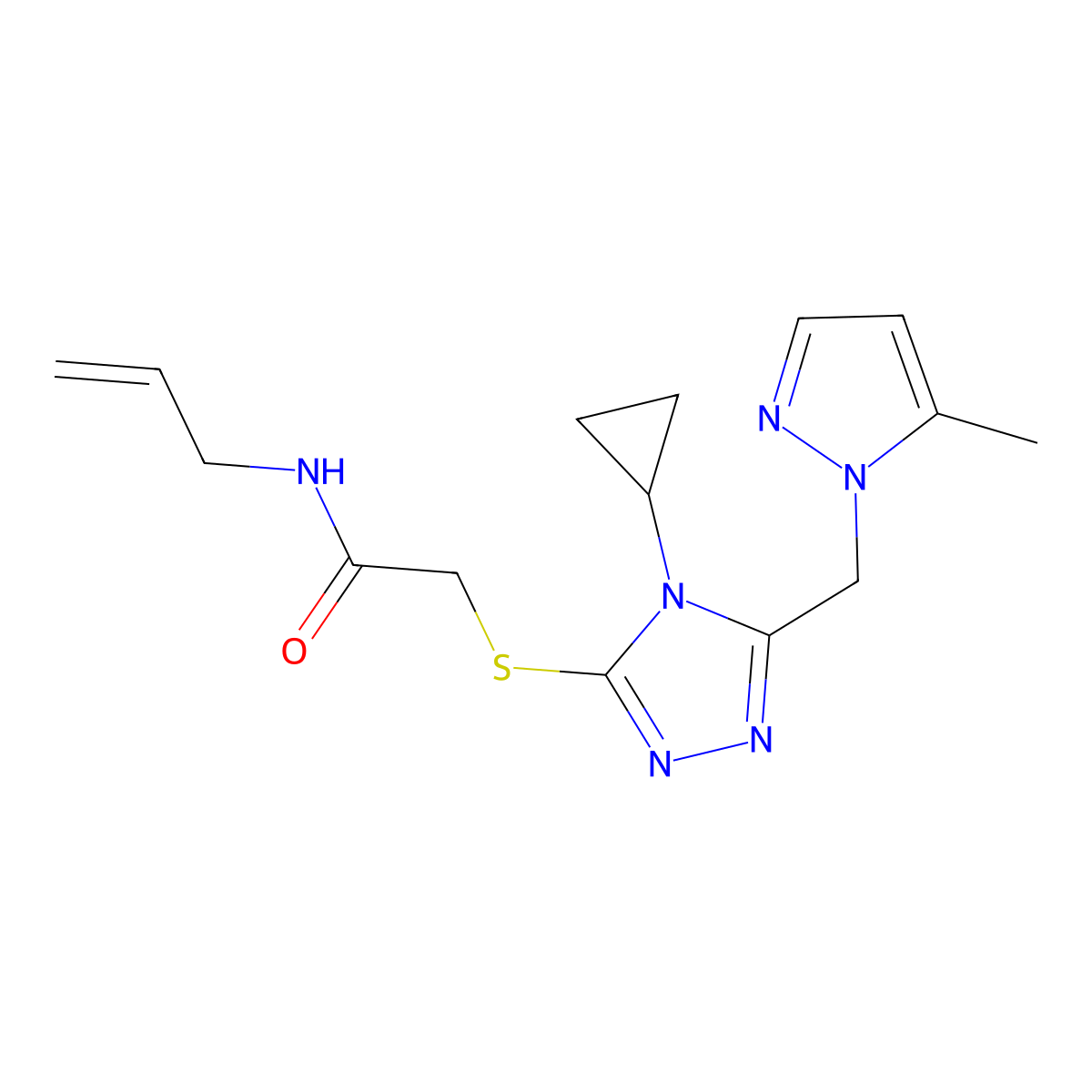 2-[[4-cyclopropyl-5-[(5-methylpyrazol-1-yl)methyl]-1,2,4-triazol-3-yl]sulfanyl]-N-prop-2-enylacetamide molecular structure, CAS 1005611-35-7