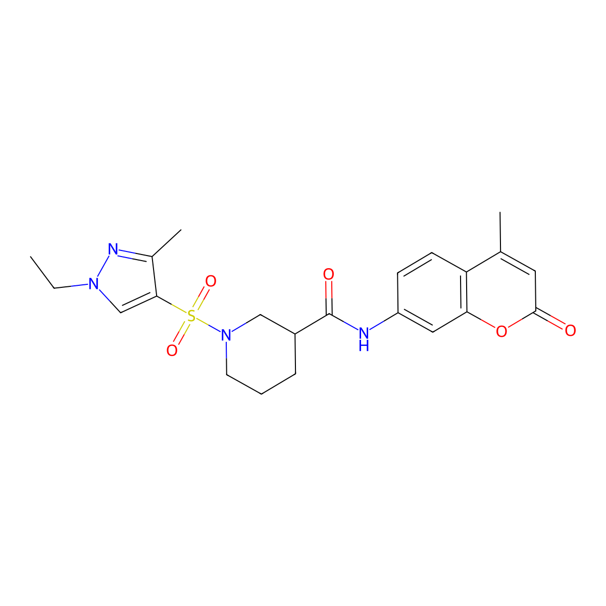 1-(1-ethyl-3-methylpyrazol-4-yl)sulfonyl-N-(4-methyl-2-oxochromen-7-yl)piperidine-3-carboxamide molecular structure, CAS 1005611-48-2