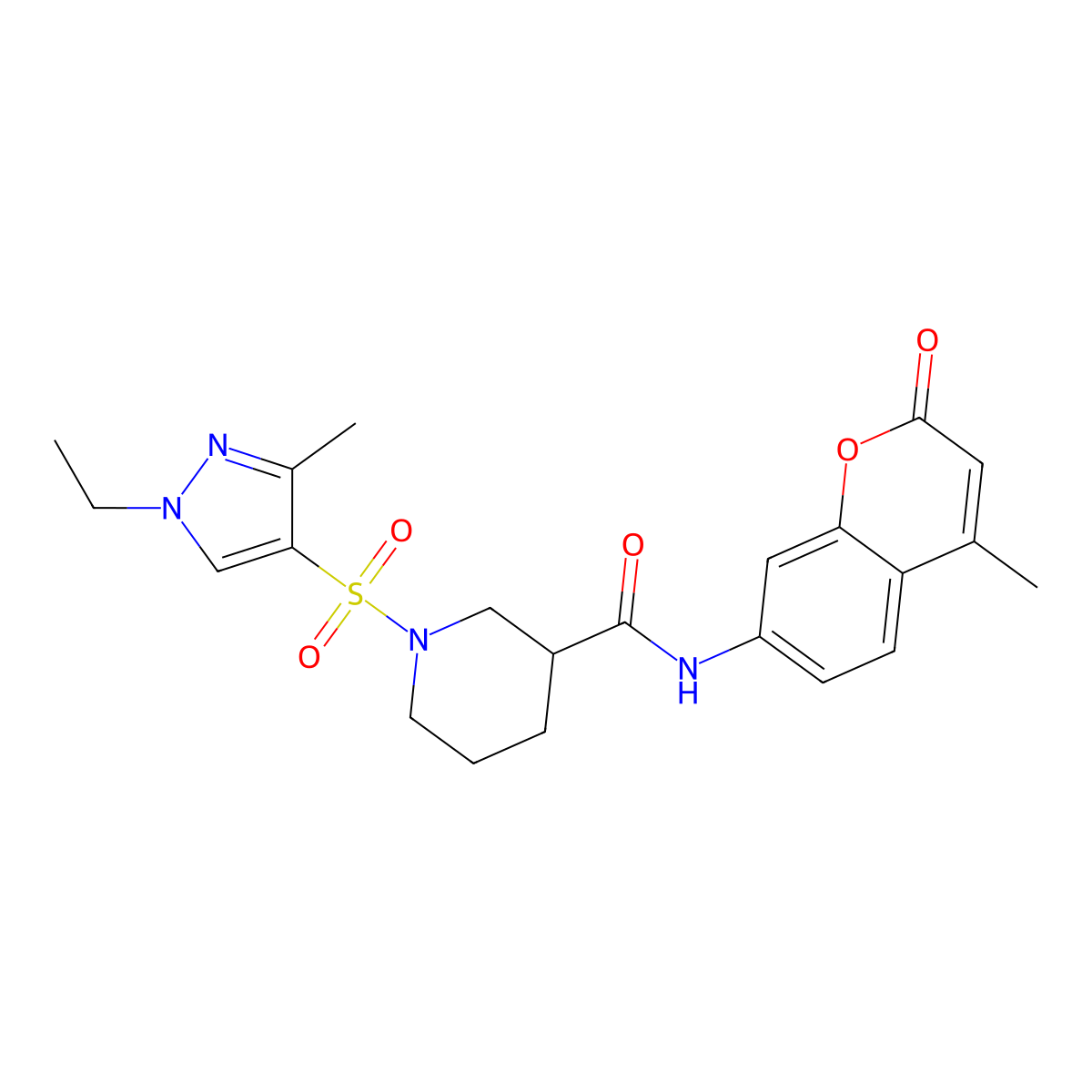 1-(1-ethyl-3-methylpyrazol-4-yl)sulfonyl-N-(4-methyl-2-oxochromen-7-yl)piperidine-3-carboxamide molecular structure, CAS 1005611-48-2