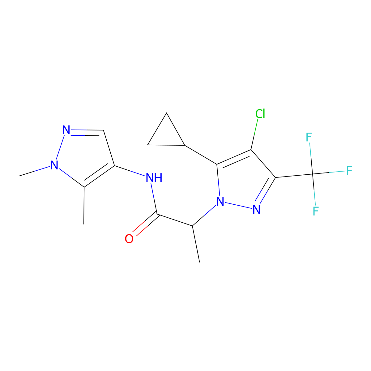4-Chloro-5-cyclopropyl-N-(1,5-dimethyl-1H-pyrazol-4-yl)-alpha-methyl-3-(trifluoromethyl)-1H-pyrazole-1-acetamide molecular structure, CAS 1005611-76-6