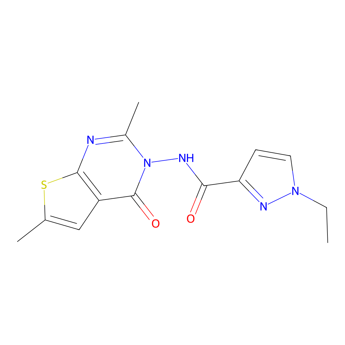 N-(2,6-dimethyl-4-oxothieno[2,3-d]pyrimidin-3(4H)-yl)-1-ethyl-1H-pyrazole-3-carboxamide molecular structure, CAS 1005612-20-3
