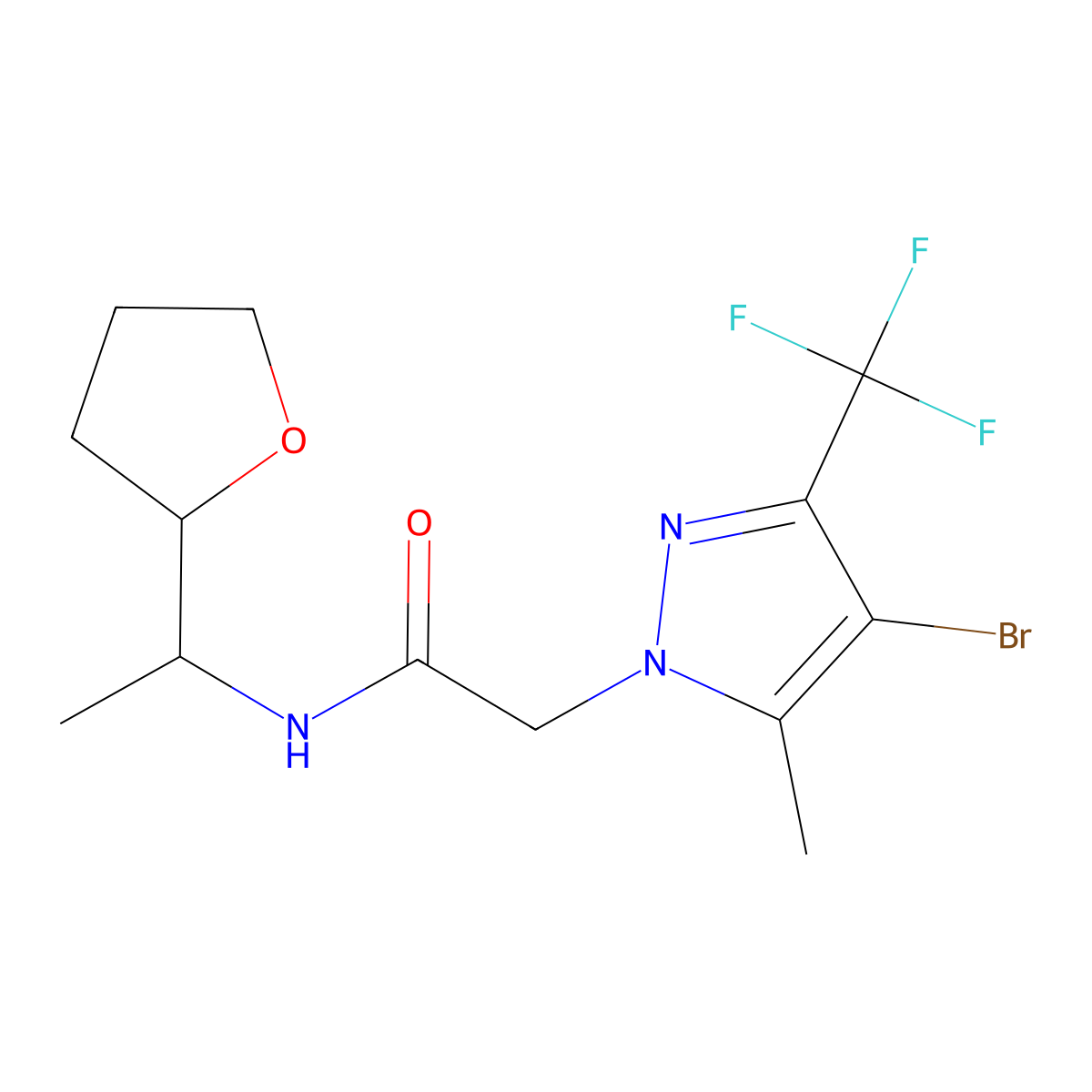 2-[4-bromo-5-methyl-3-(trifluoromethyl)pyrazol-1-yl]-N-[1-(oxolan-2-yl)ethyl]acetamide molecular structure, CAS 1005612-31-6