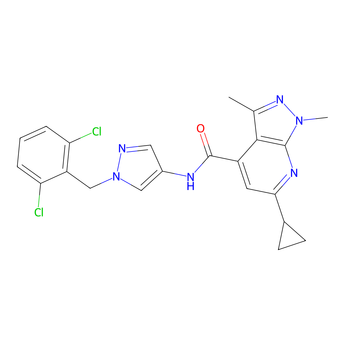 6-cyclopropyl-N-[1-(2,6-dichlorobenzyl)-1H-pyrazol-4-yl]-1,3-dimethyl-1H-pyrazolo[3,4-b]pyridine-4-carboxamide molecular structure, CAS 1005612-75-8