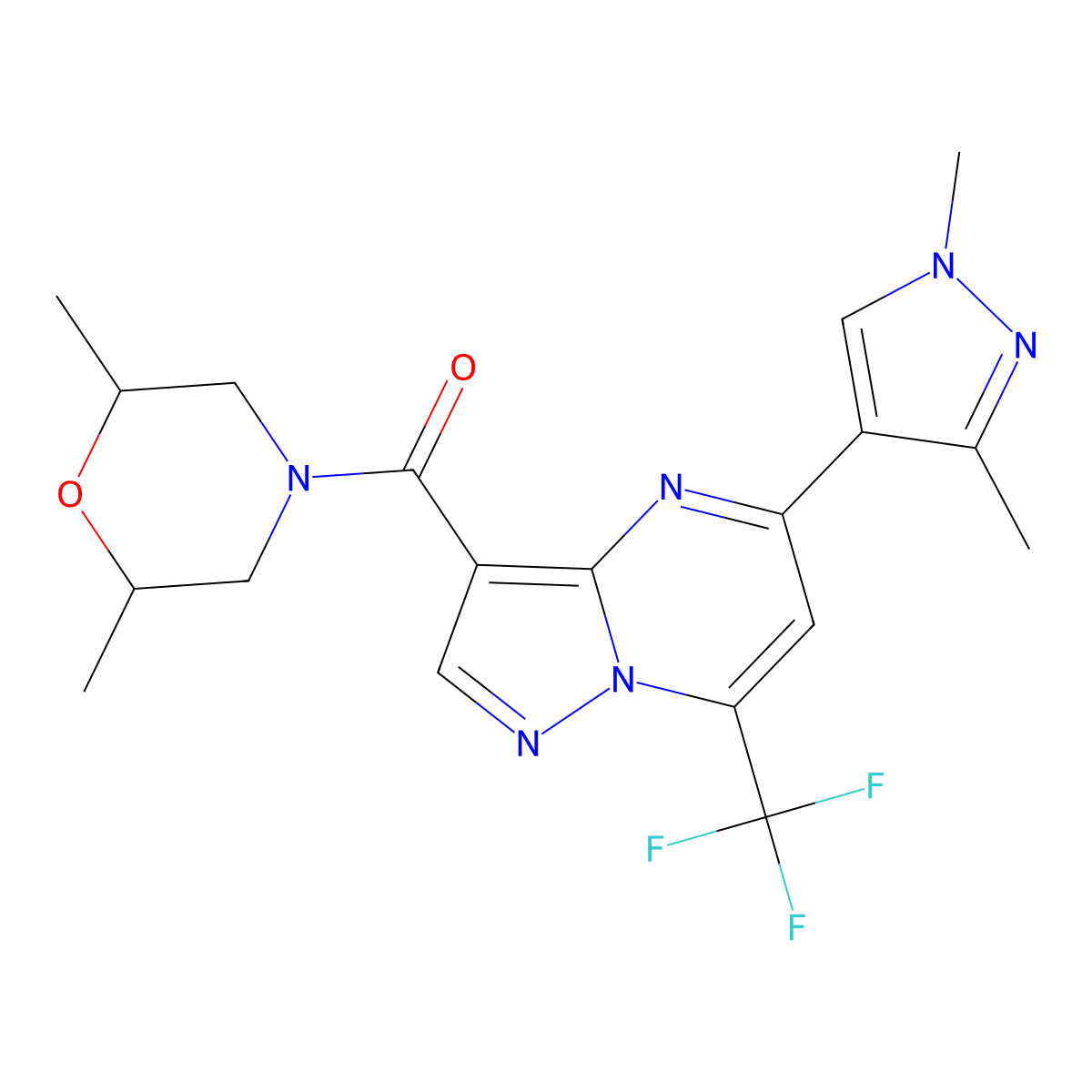 (2,6-dimethylmorpholin-4-yl)[5-(1,3-dimethyl-1H-pyrazol-4-yl)-7-(trifluoromethyl)pyrazolo[1,5-a]pyrimidin-3-yl]methanone molecular structure, CAS 1005612-78-1