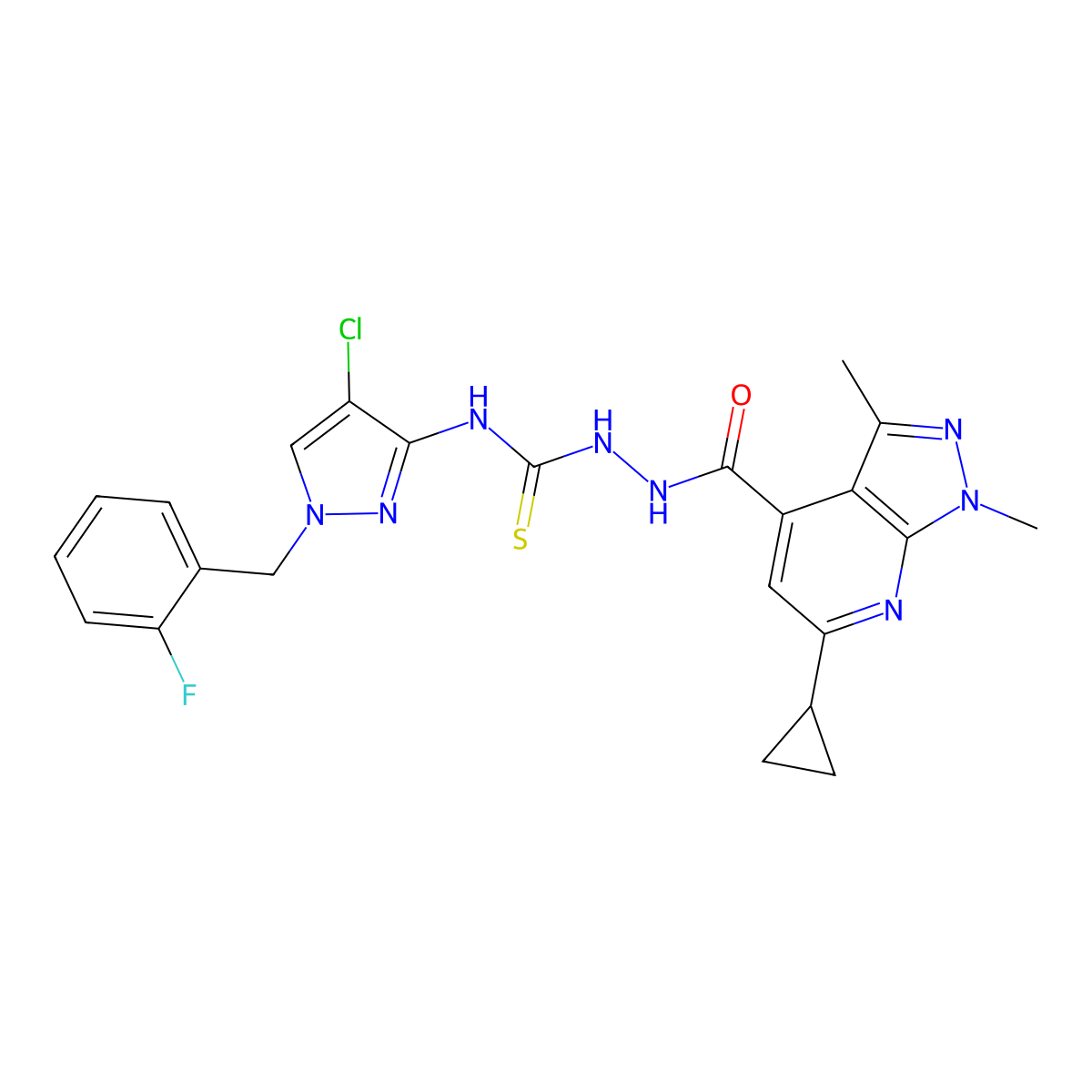 N-[4-chloro-1-(2-fluorobenzyl)-1H-pyrazol-3-yl]-2-[(6-cyclopropyl-1,3-dimethyl-1H-pyrazolo[3,4-b]pyridin-4-yl)carbonyl]hydrazinecarbothioamide molecular structure, CAS 1005612-97-4