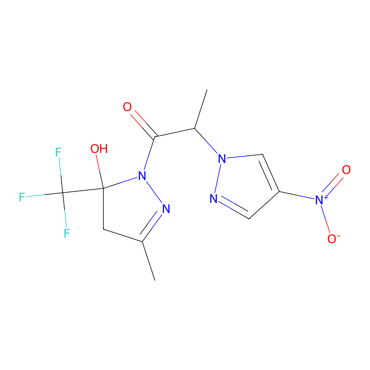 1-[5-hydroxy-3-methyl-5-(trifluoromethyl)-4,5-dihydro-1H-pyrazol-1-yl]-2-(4-nitro-1H-pyrazol-1-yl)propan-1-one molecular structure, CAS 1005613-05-7
