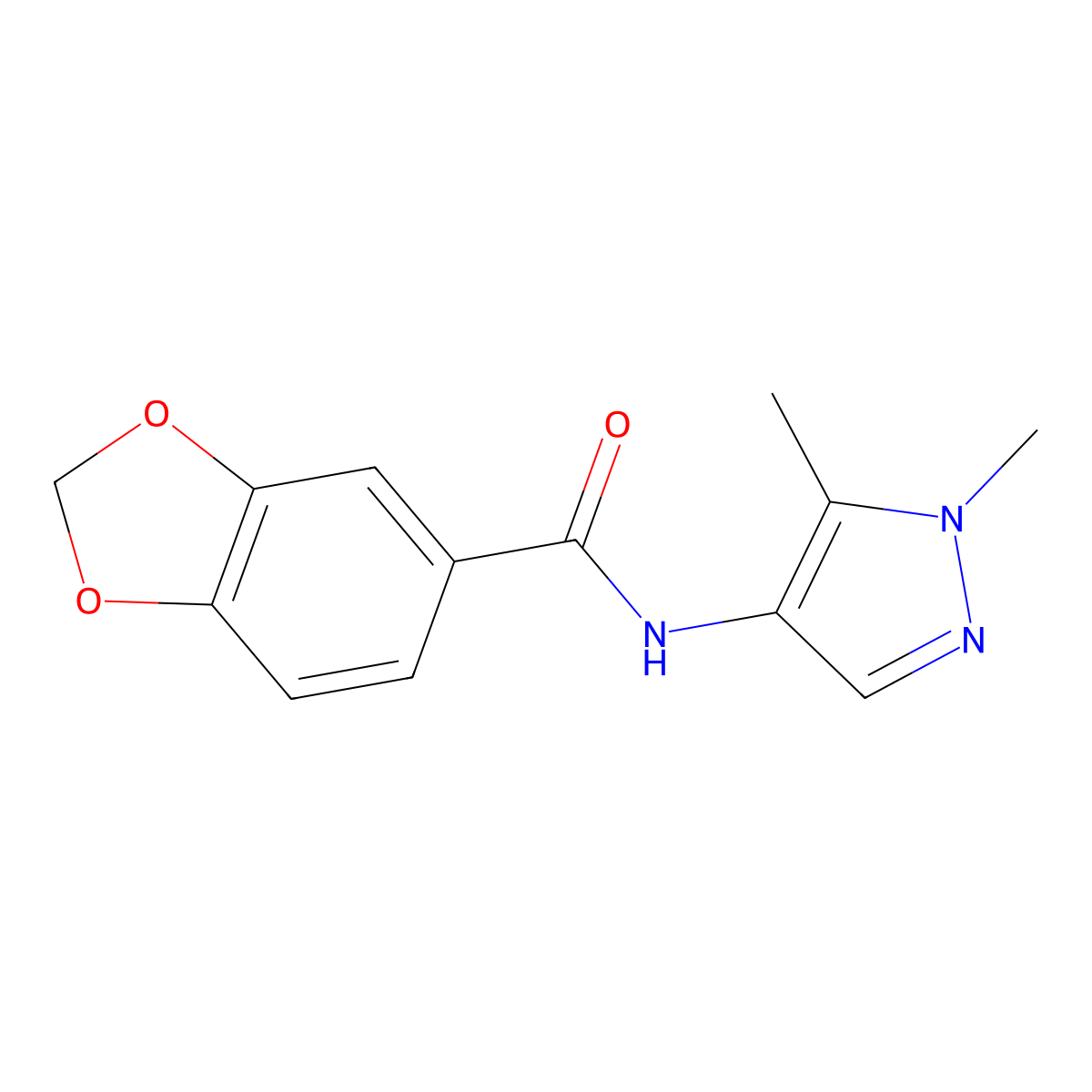 N-(1,5-dimethylpyrazol-4-yl)-1,3-benzodioxole-5-carboxamide molecular structure, CAS 1005613-07-9