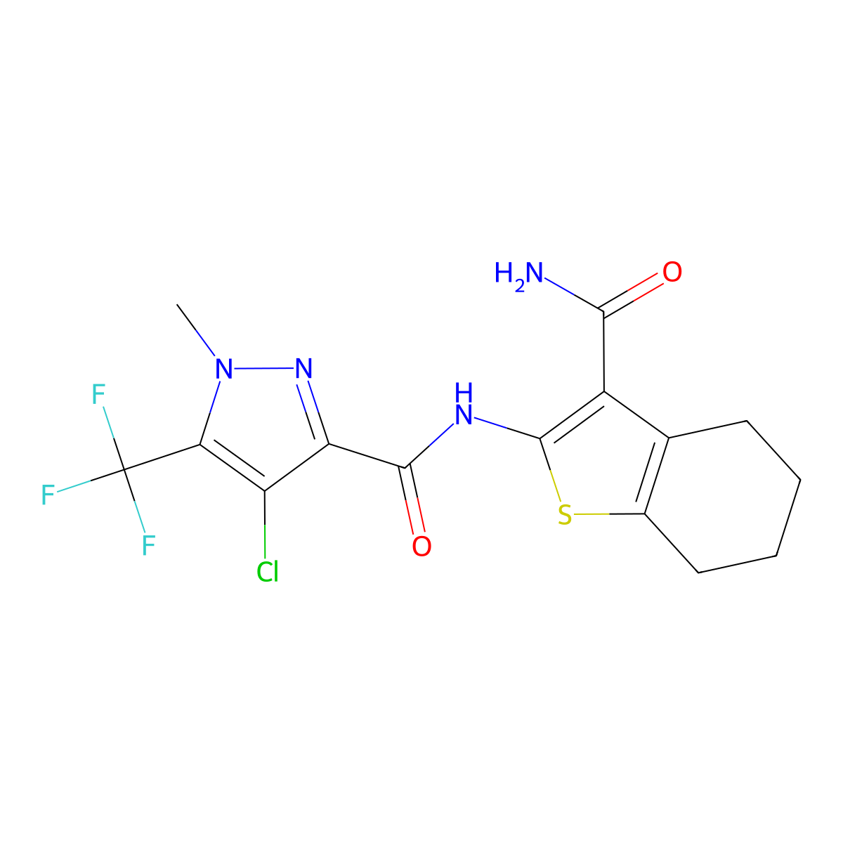 N-(3-carbamoyl-4,5,6,7-tetrahydro-1-benzothiophen-2-yl)-4-chloro-1-methyl-5-(trifluoromethyl)-1H-pyrazole-3-carboxamide molecular structure, CAS 1005613-43-3