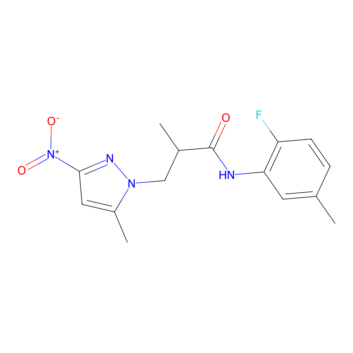 N-(2-fluoro-5-methylphenyl)-2-methyl-3-(5-methyl-3-nitropyrazol-1-yl)propanamide molecular structure, CAS 1005613-64-8