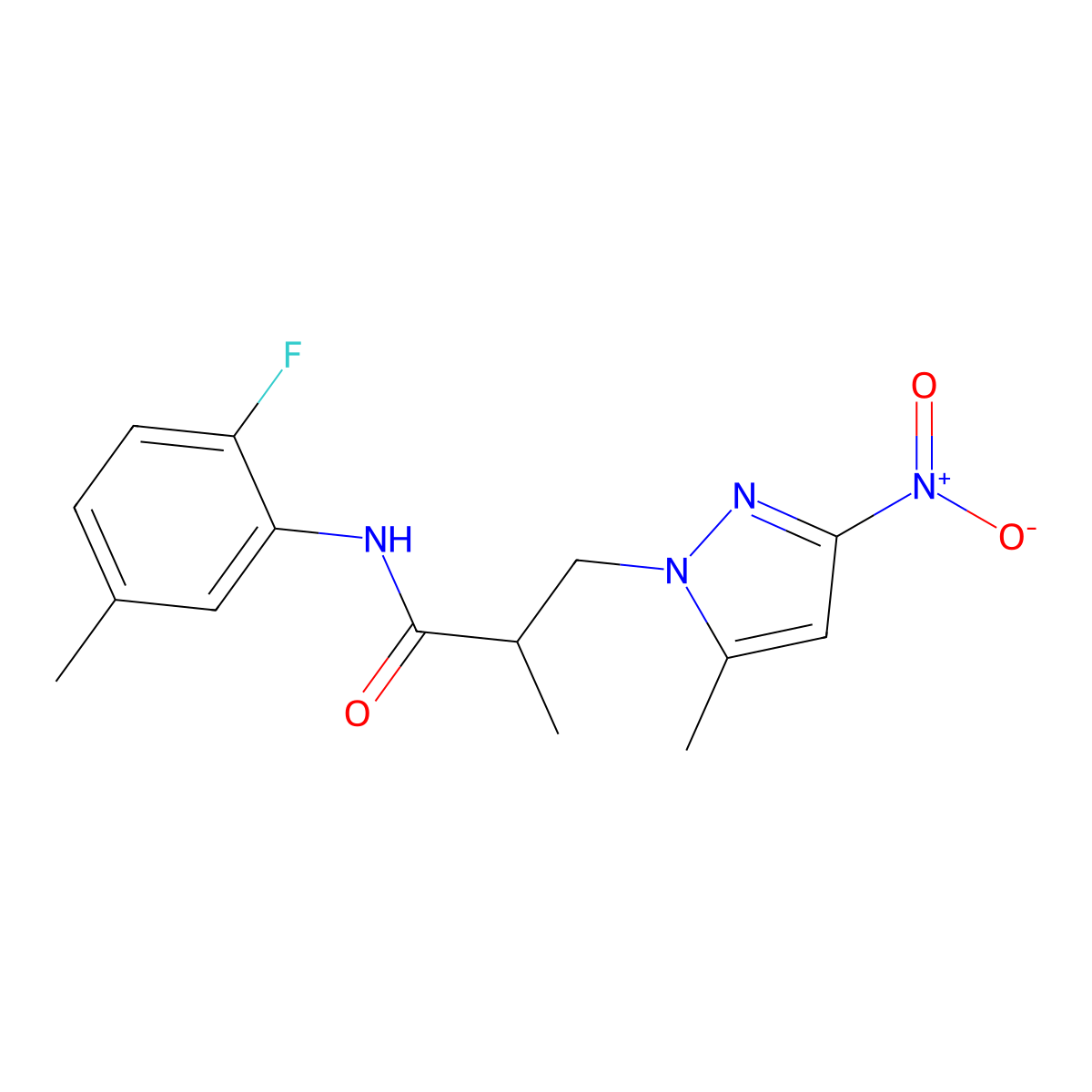 N-(2-fluoro-5-methylphenyl)-2-methyl-3-(5-methyl-3-nitropyrazol-1-yl)propanamide molecular structure, CAS 1005613-64-8