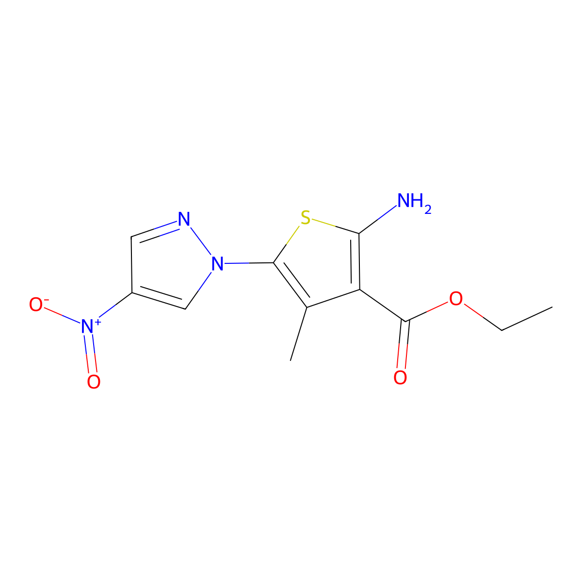 ethyl 2-amino-4-methyl-5-(4-nitro-1H-pyrazol-1-yl)thiophene-3-carboxylate molecular structure, CAS 1005613-82-0