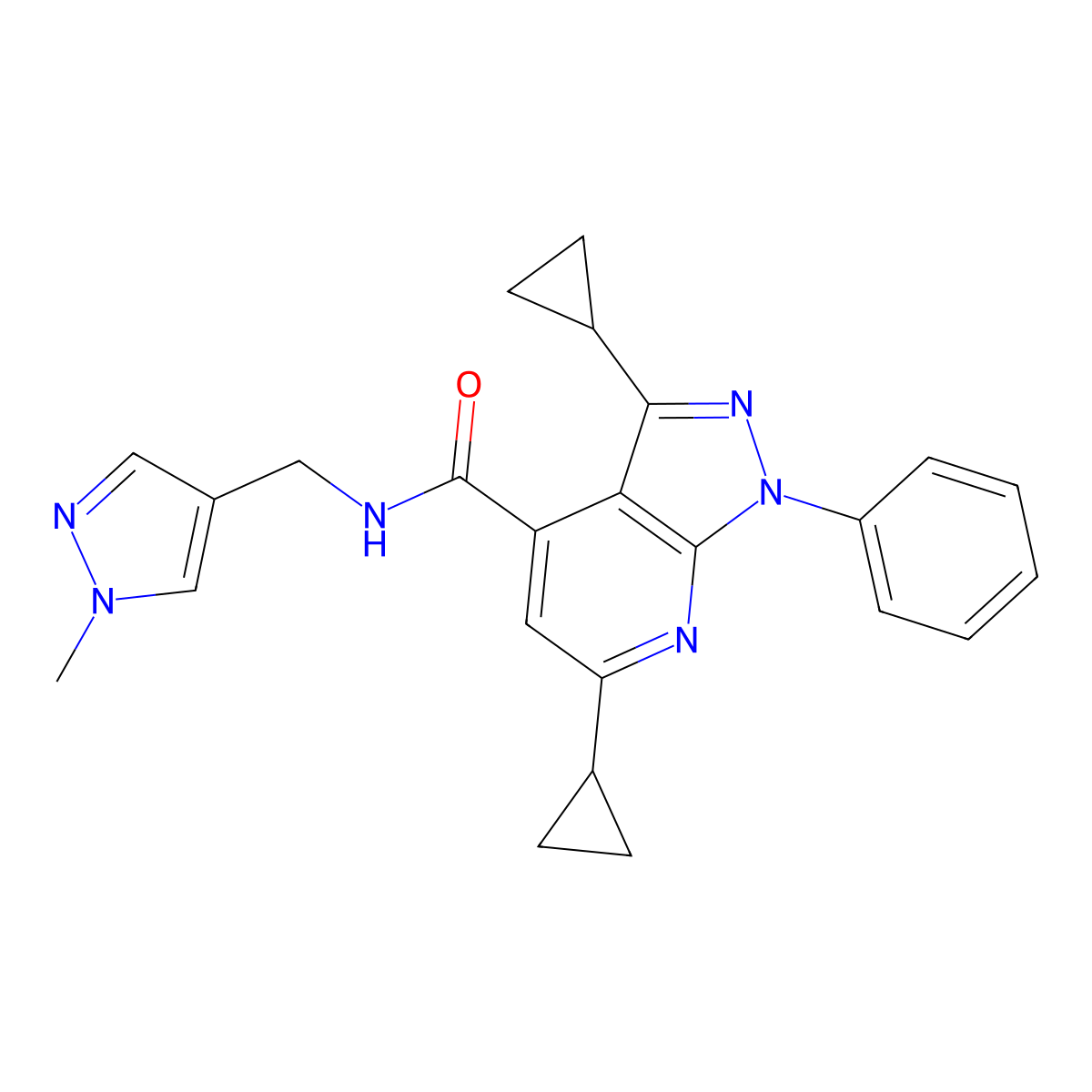 3,6-dicyclopropyl-N-[(1-methyl-1H-pyrazol-4-yl)methyl]-1-phenyl-1H-pyrazolo[3,4-b]pyridine-4-carboxamide molecular structure, CAS 1005613-83-1