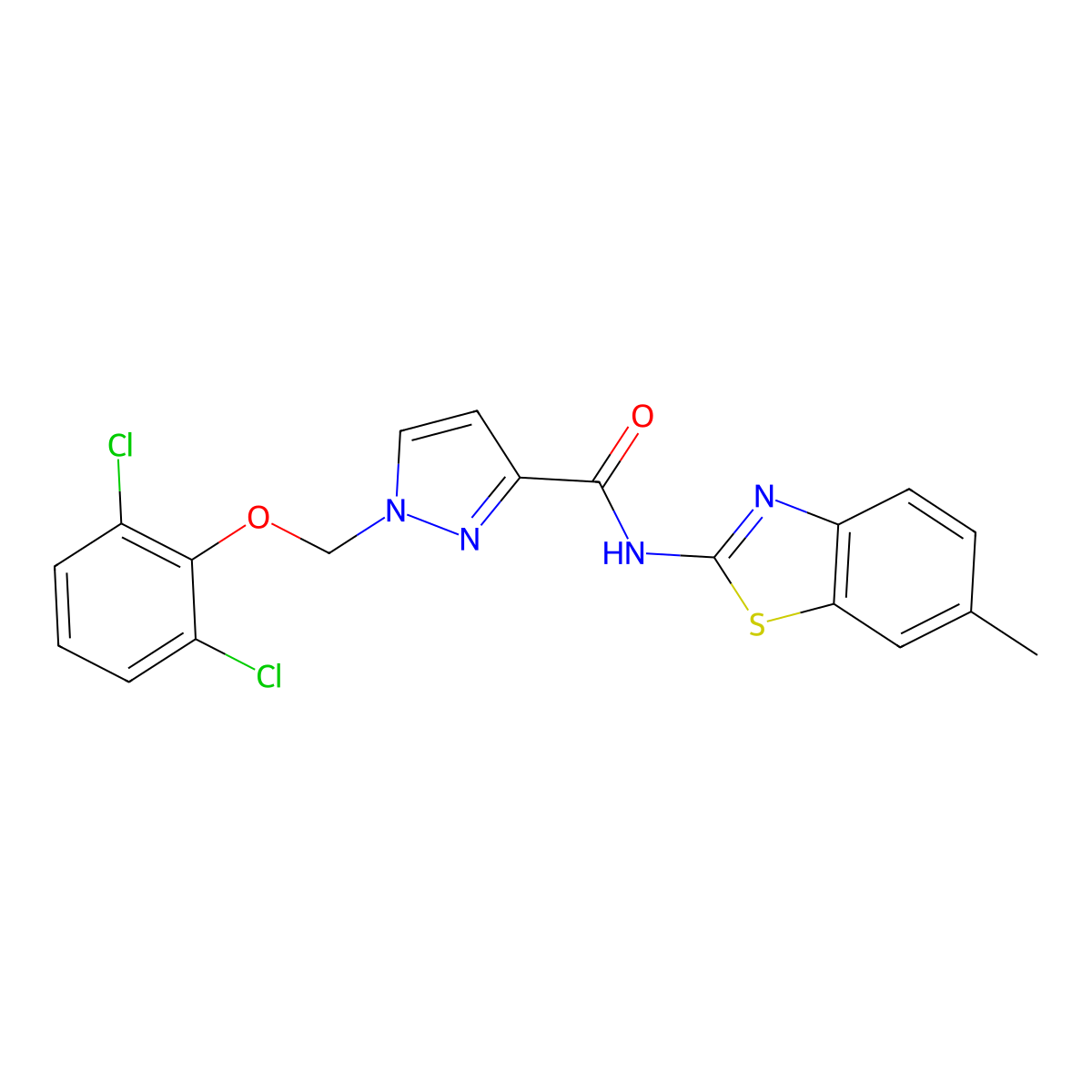 1-[(2,6-dichlorophenoxy)methyl]-N-(6-methyl-1,3-benzothiazol-2-yl)-1H-pyrazole-3-carboxamide molecular structure, CAS 1005614-38-9