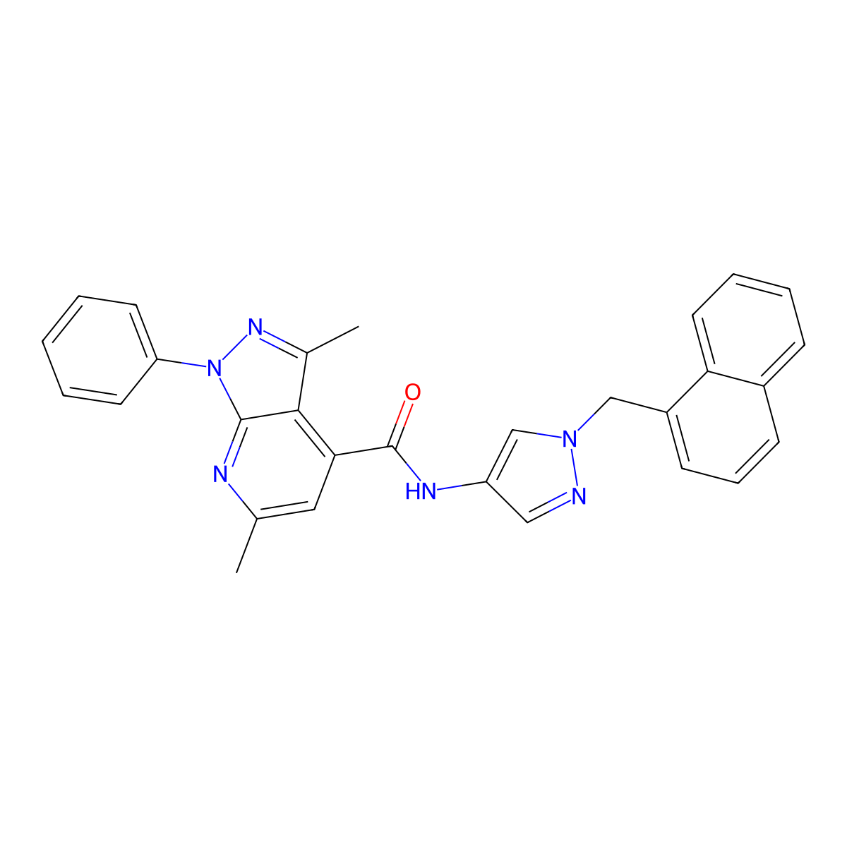 3,6-dimethyl-N-[1-(naphthalen-1-ylmethyl)-1H-pyrazol-4-yl]-1-phenyl-1H-pyrazolo[3,4-b]pyridine-4-carboxamide molecular structure, CAS 1005614-40-3