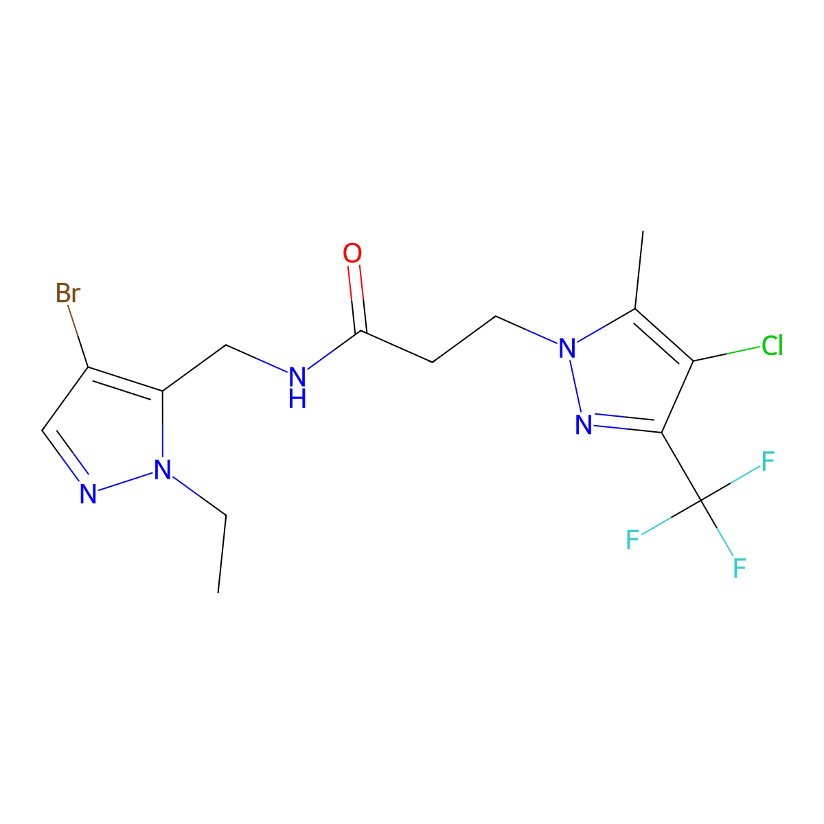N-[(4-bromo-1-ethyl-1H-pyrazol-5-yl)methyl]-3-[4-chloro-5-methyl-3-(trifluoromethyl)-1H-pyrazol-1-yl]propanamide molecular structure, CAS 1005614-50-5