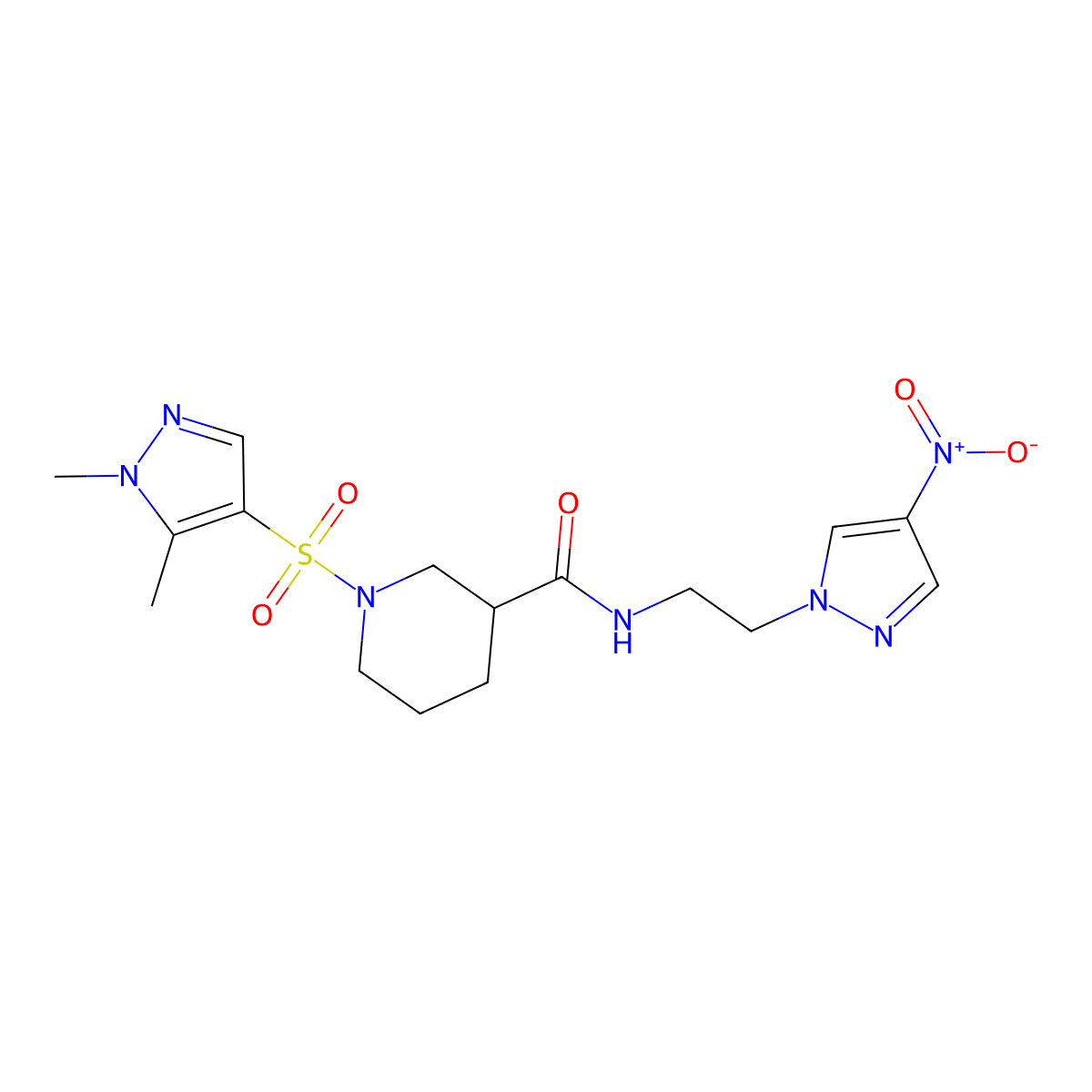 1-[(1,5-dimethyl-1H-pyrazol-4-yl)sulfonyl]-N-[2-(4-nitro-1H-pyrazol-1-yl)ethyl]piperidine-3-carboxamide molecular structure, CAS 1005614-64-1