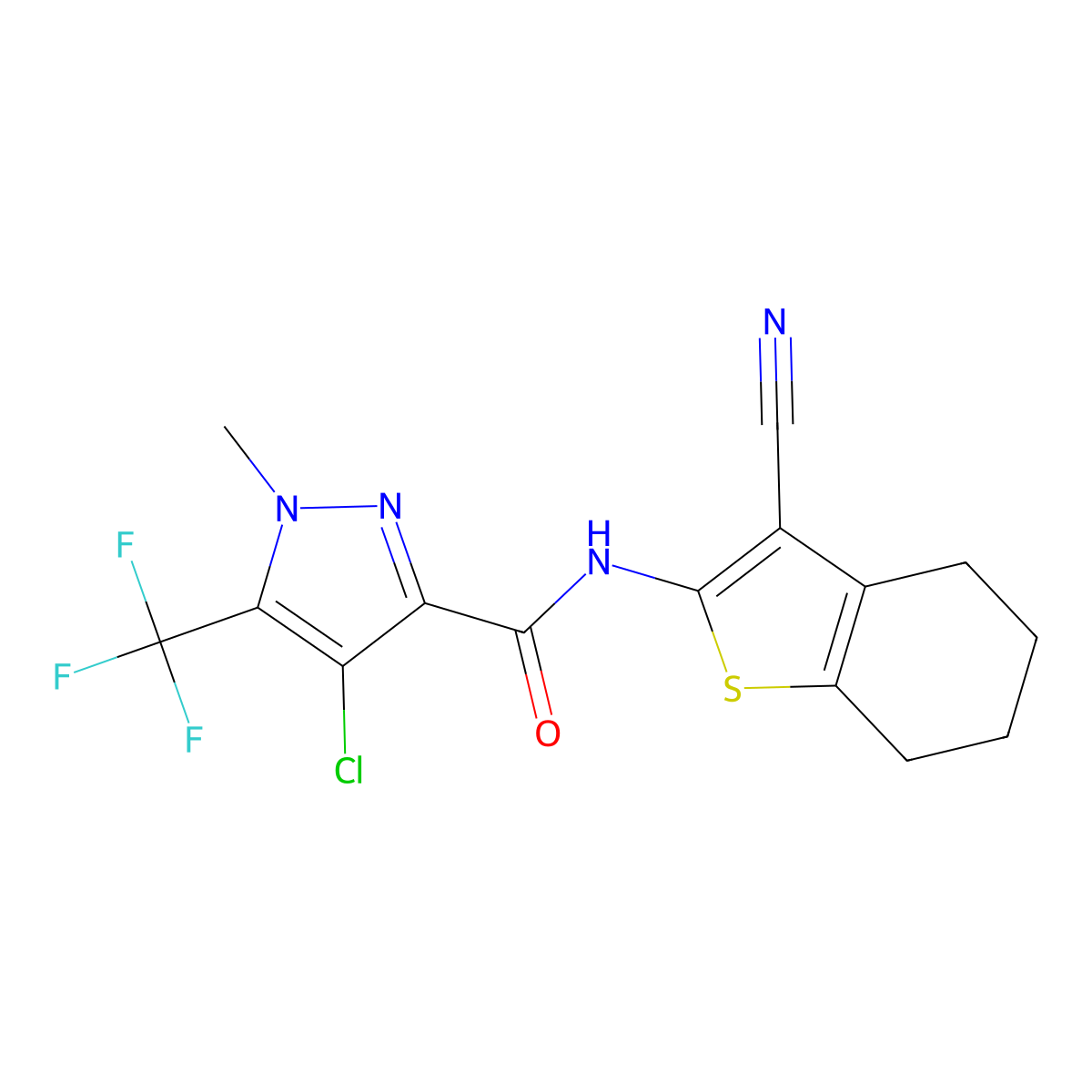4-chloro-N-(3-cyano-4,5,6,7-tetrahydro-1-benzothiophen-2-yl)-1-methyl-5-(trifluoromethyl)-1H-pyrazole-3-carboxamide molecular structure, CAS 1005614-89-0