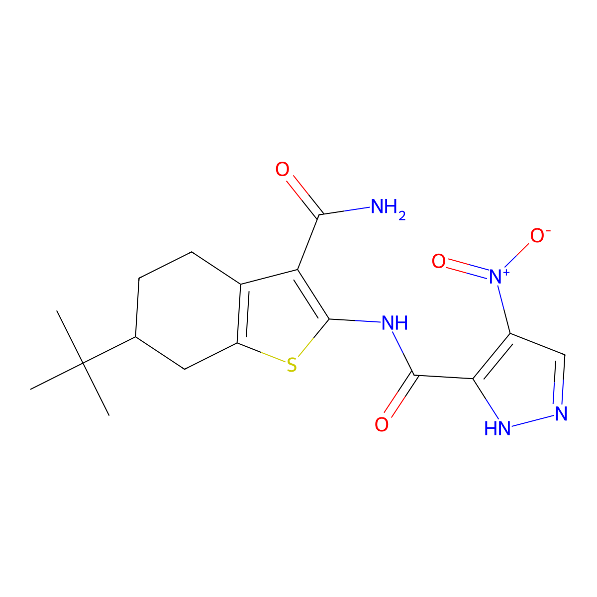 N-(6-tert-butyl-3-carbamoyl-4,5,6,7-tetrahydro-1-benzothiophen-2-yl)-4-nitro-1H-pyrazole-5-carboxamide molecular structure, CAS 1005614-98-1