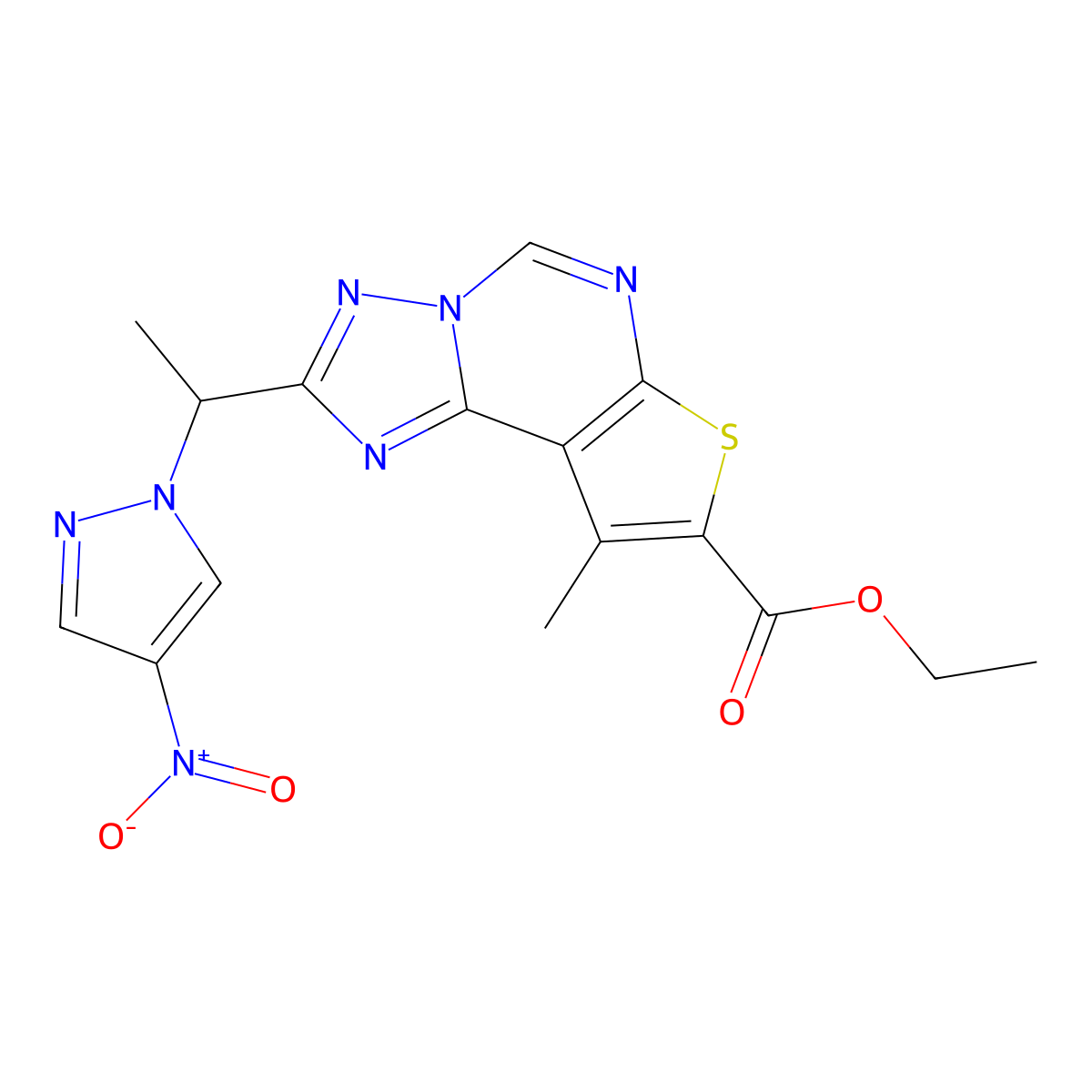 ethyl 9-methyl-2-[1-(4-nitro-1H-pyrazol-1-yl)ethyl]thieno[3,2-e][1,2,4]triazolo[1,5-c]pyrimidine-8-carboxylate molecular structure, CAS 1005615-05-3