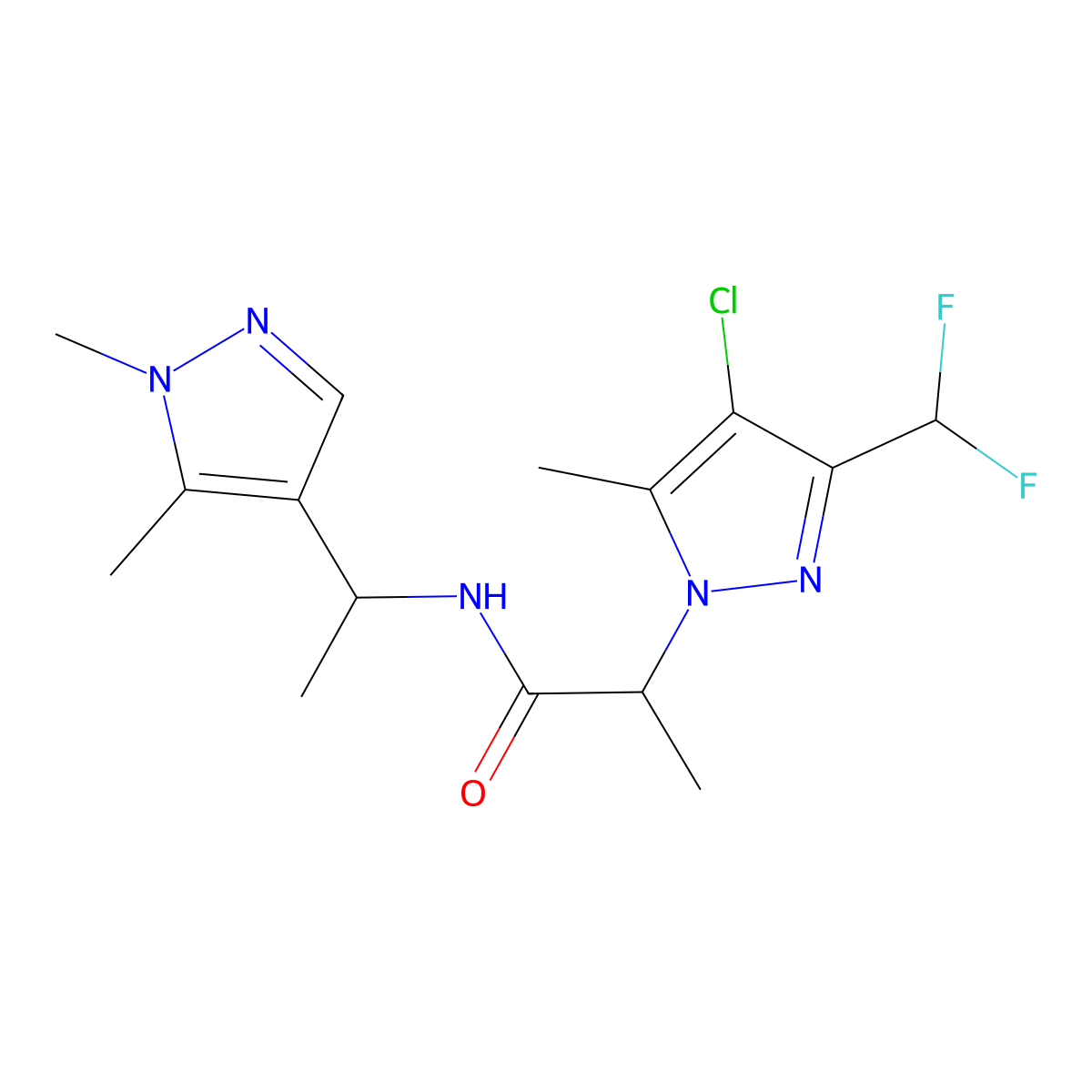 2-[4-chloro-3-(difluoromethyl)-5-methyl-1H-pyrazol-1-yl]-N-[1-(1,5-dimethyl-1H-pyrazol-4-yl)ethyl]propanamide molecular structure, CAS 1005615-07-5